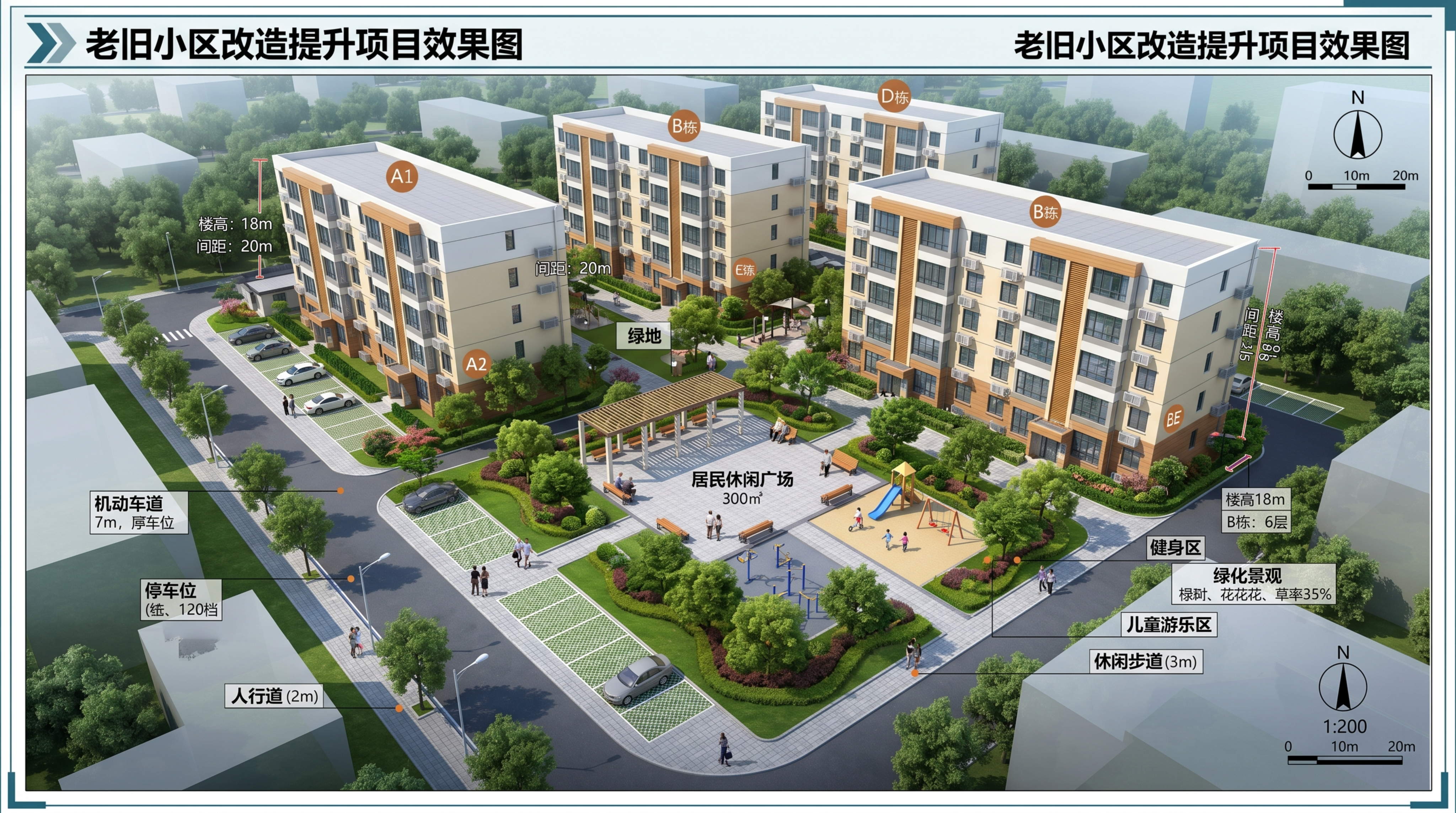 专业的老小区改造效果图，展示改造后整洁美观的小区环境、更新的建… - 图片创意预览