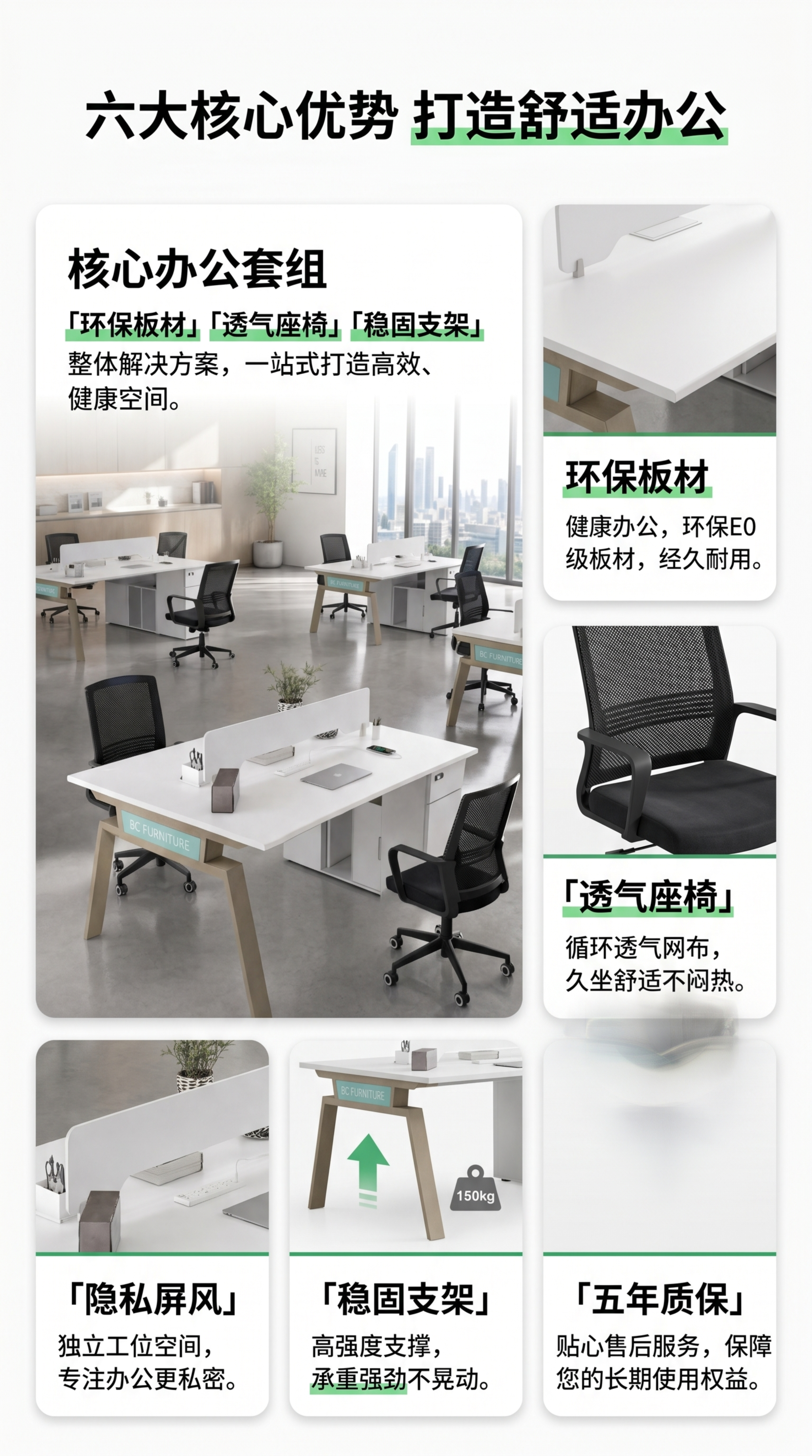 [第3屏] 核心卖点总览-BC办公桌椅六大核心优势分层展示。… - 图片创意预览