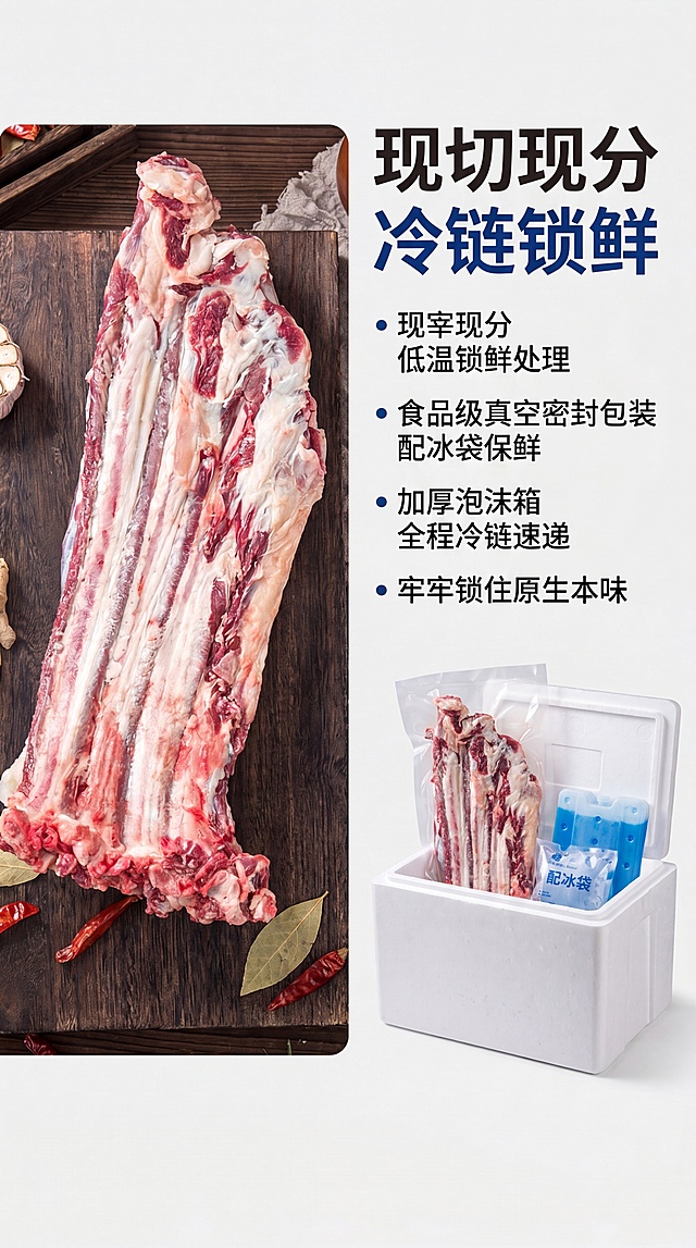 [第8屏] 产品规格与发货包装说明，介绍平武牦牛排骨包装配送优势。本屏使用【图7】整扇带香料的产品图。
[氛围/风格] 干净专业，信任背书风格，高端生鲜包装展示。
[元素布局] 左侧展示整扇原排产品，占比约45%，保持产品纹理颜色与输入图一致，右侧介绍包装配送信息，背景为干净浅灰色。
[光影质感] 柔和均匀影棚打光，突出产品和包装信息，清晰明亮。
[配色色系] 全局底色 #F3F3F3，浅灰背景，主体深红牛肉，黑色和深蓝色文字。
[视角构图] 左产品右信息，左右分栏清晰。
[文字版式] 顶部大标题「现切现分 冷链锁鲜」，右侧文字分点：「现宰现分 低温锁鲜处理」「食品级真空密封包装 配冰袋保鲜」「加厚泡沫箱 全程冷链速递」「牢牢锁住原生本味」，延续字体风格，排版整齐，信息清晰。
[比例分辨率] 9:16，4K，文字清晰可辨。
[负向提示词] 产品变形，包装描述错误，文字模糊，颜色怪异。