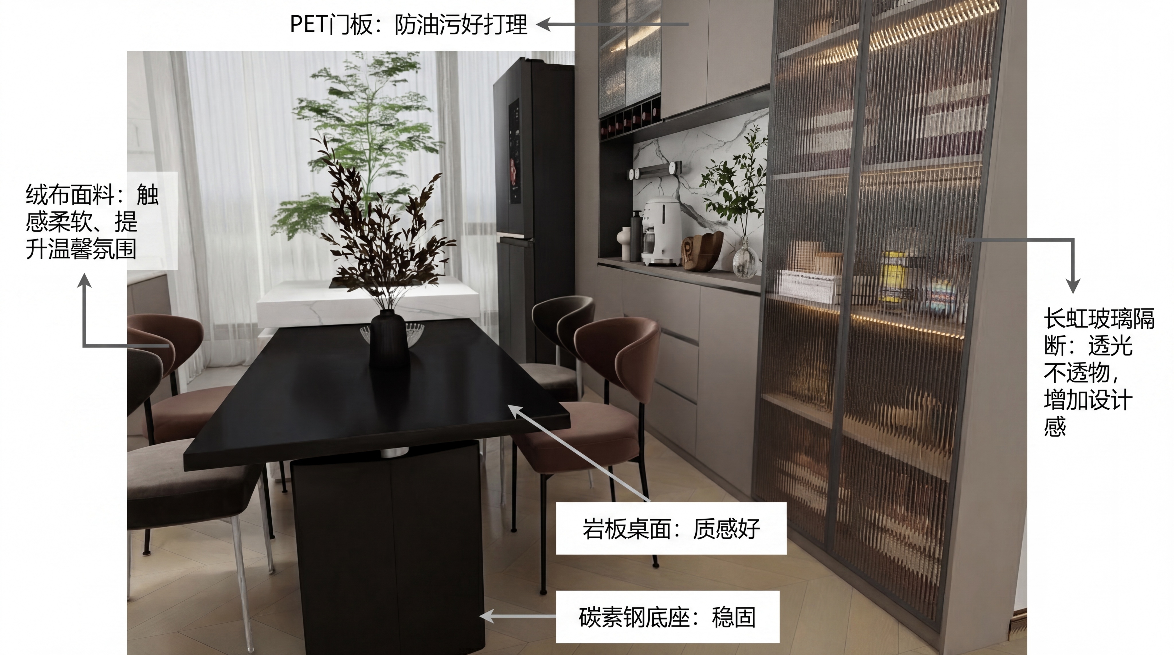 生成单独一页PPT，介绍这张餐边柜图片：餐边柜采用PET门板+… - 图片创意预览