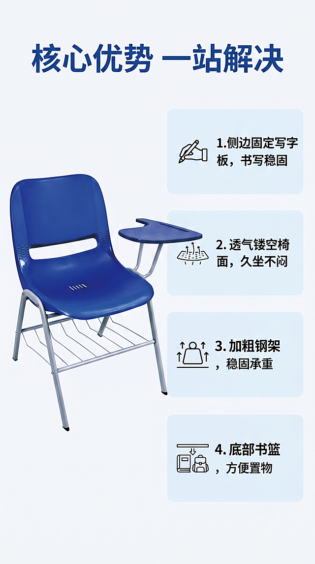 [第3屏] 详情页核心卖点总览，展示培训椅四大核心优势。本屏使用蓝色款【图1】展示主体产品。
[氛围/风格] 专业清晰卖点排版，现代办公商务风格，图文并茂。
[元素布局] 左侧放置蓝色培训椅产品图，占比约50%，右侧分三个卡片排列三大卖点，顶部主标题通栏，保证产品结构、颜色、材质与输入图片一致。
[光影质感] 产品区域柔光照明，整体明暗清晰，卡片区域干净素雅。
[配色色系] 全局底色 #F5F7FA；主标题深蓝，卖点卡片浅蓝底，文字黑色。
[视角构图] 左产品右文字，符合用户从上到下从左到右阅读习惯。
[文字版式] 顶部通栏主标题「核心优势 一站解决」，右侧三个卖点卡片分别为：1. 侧边固定写字板，书写稳固；2. 透气镂空椅面，久坐不闷；3. 加粗钢架，稳固承重；4. 底部书篮，方便置物，每个卖点配小图标和短句说明，文字清晰不遮挡产品。
[比例分辨率] 9:16竖版，4K分辨率，文字清晰可辨。
[负向提示词] 椅子变形，颜色偏差，缺件错件，文字错乱，水印，背景杂乱