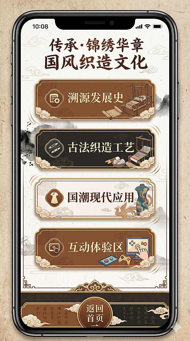 H5目录页，四个可点击按钮：溯源发展史、古法织造工艺、国潮现代应用、互动体验区，页面底部固定返回首页按键，配色为薯莨棕、河泥黑、米牙白，国风复古风格，适配手机全屏，四个按钮依次弹跳入场