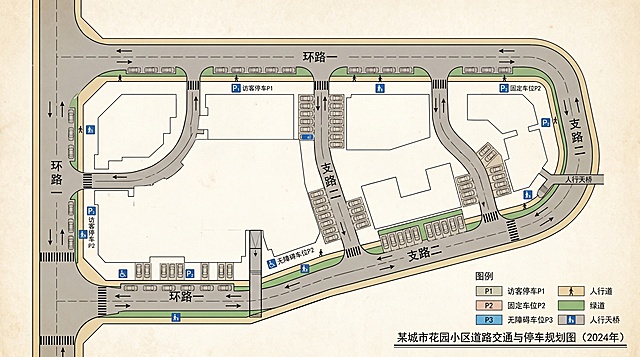专业合理的小区道路停车布局图，清晰标注道路走向、停车位规划、人车分流路线，布局清晰，标注完整，满足设计展示要求