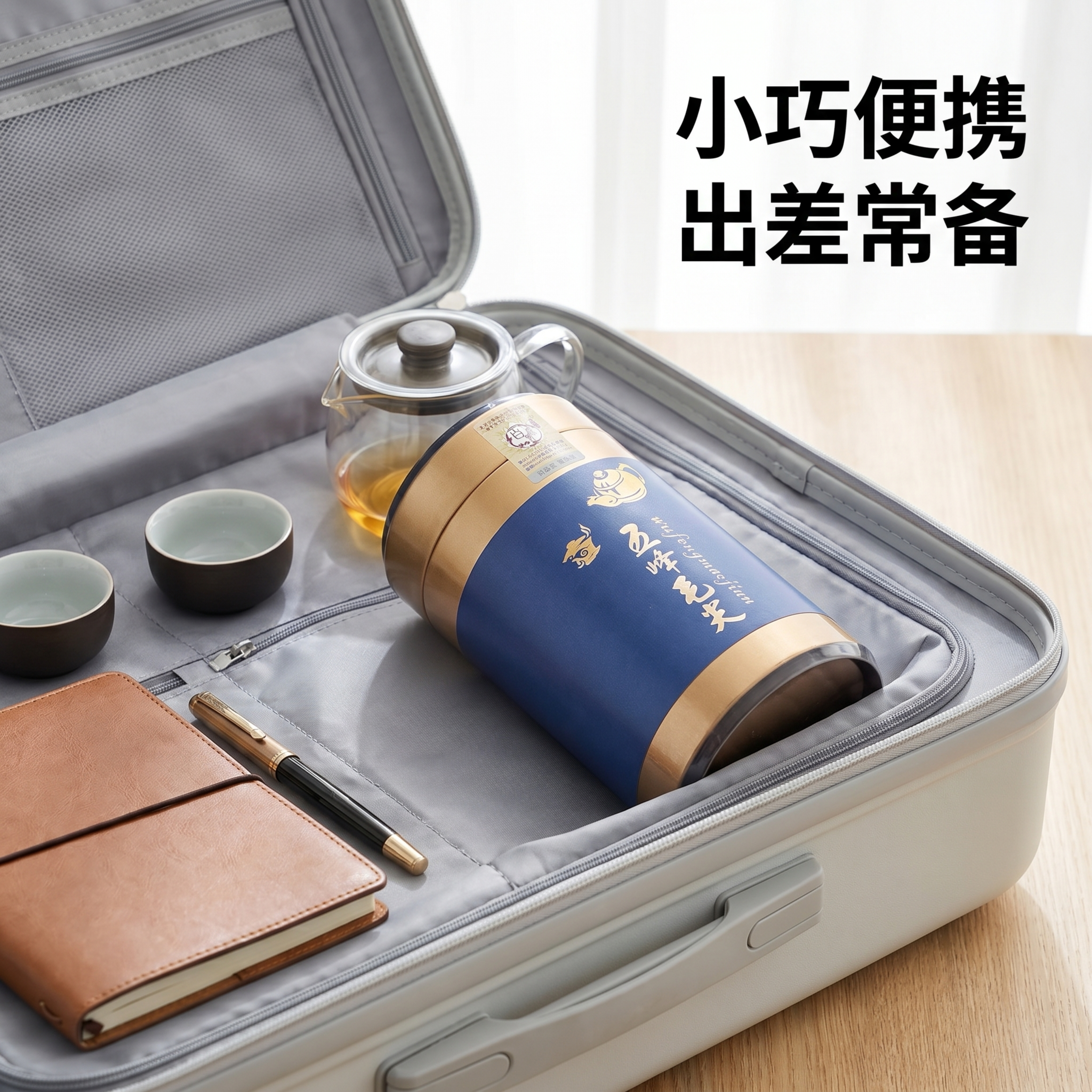 [主图-8] 五峰毛尖出差便携场景展示 氛围风格为简约现代，凸… - 图片创意预览