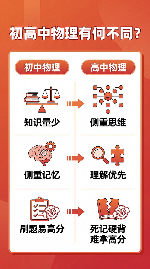 [第2屏] 初高中物理差异对比页。暖橙红背景，顶部大标题「初高中物理有何不同？」，左右分栏对比。左侧初中物理：知识量少，侧重记忆，刷题易高分；右侧高中物理：侧重思维，理解优先，死记硬背难拿高分。每侧配对应图标，排版清晰，对比分明，9:16竖版，4K分辨率，文字清晰。负向提示词：文字错乱，变形，水印，颜色偏差