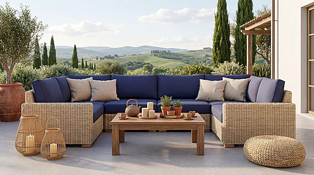 E-commerce wide banner image, 16:9 ultra-wide horizontal composition, eye-level frontal side shooting angle, Tuscan villa terrace outdoor courtyard scene, light-colored natural wicker U-shaped combination sofa frame, the entire set is covered with pure color outdoor waterproof cushions and backrest cushions in modular style, with cushions arranged in the layout of the reference product image, several beige linen throw pillows are placed on the sofa. In the center of the picture, a wooden solid rectangular coffee table is placed, with a coarse earthenware teapot on the tabletop, stacked cream-colored cylindrical candles, small clay herb pots, wooden trays, and ceramic small tea cups. The matte light gray stone terrace floor. On the left side of the picture, two hollow woven wicker floor lanterns are placed, with warm light candles inside and a large red clay olive tree flower pot; on the right side of the picture, a round woven wicker cushion seat is placed. The distant view is the continuous green Tuscan hills, towering cypress trees, and dense green shrubbery. Soft and warm afternoon golden natural light, natural soft shadows, pale white clouds and blue sky. A small part of the white villa wall and wooden pergola is exposed on the right side of the picture. Super realistic product real scene photography, 8K ultra-high definition, the weaving texture, waterproof fabric details are extremely fine, soft and balanced natural light, shallow depth of field, clean and bright commercial aesthetics, the sofa cushions are sharply focused, the material has a real texture, no deformation, the scene is complete and tidy.RAW photo, DSLR commercial product shot