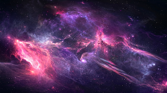 去除原图中的飞船，扩容宇宙背景，保持原图粉紫色星云和星空风格，突出宇宙的浩瀚无边，图片比例16:9