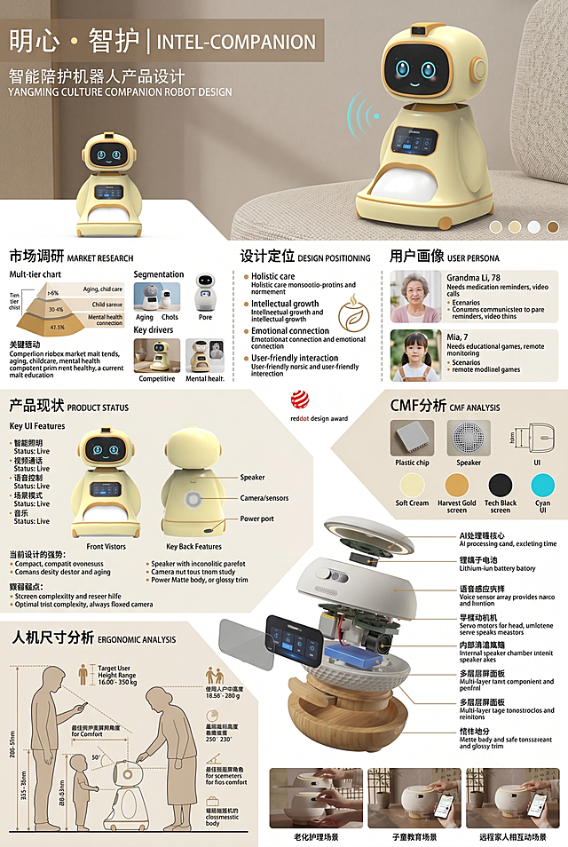 生成一张A3尺寸的智能陪护机器人产品设计展板，排版参考第三张示例模板风格，展板包含以下板块：市场调研、设计定位、用户画像、产品现状、CMF分析、人机尺寸分析，将第一张产品正面图和第二张产品背面图融入展板，整体风格简约专业，适合产品设计展示