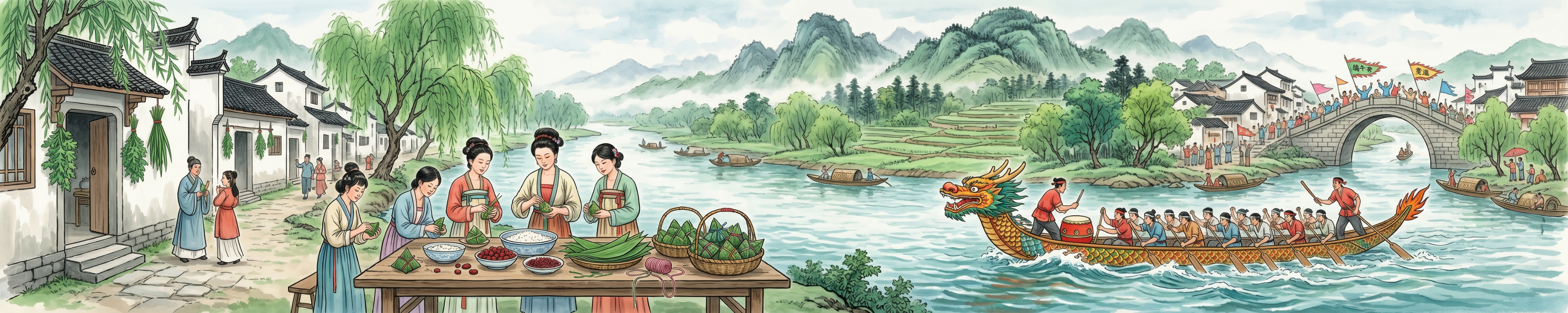 端午节主题画面，包含粽子、龙舟、艾草、粽叶等传统端午元素，整体… - 图片创意预览