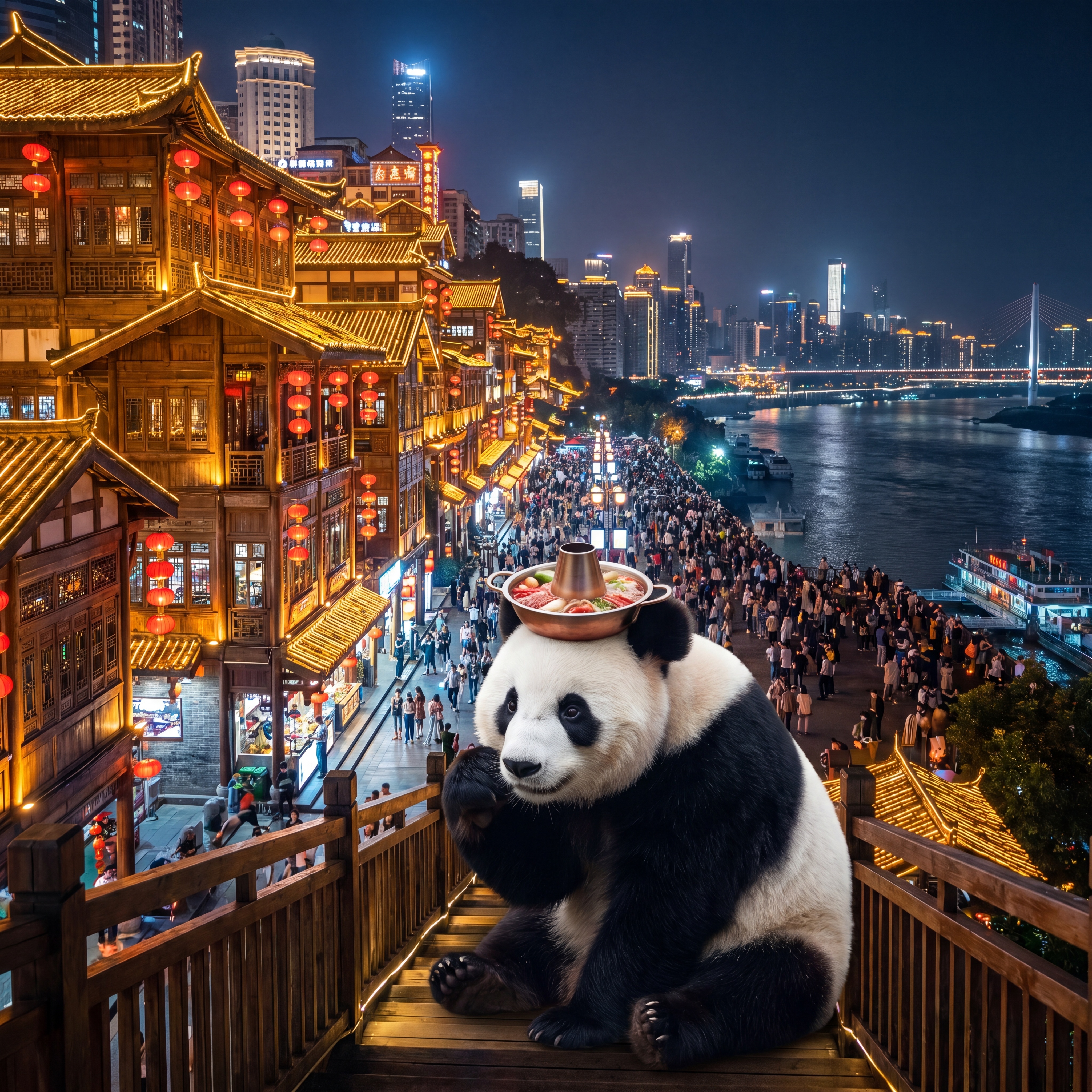 重庆洪崖洞夜景和可爱大熊猫在一起的画面，方图，超高清晰度16K… - 图片创意预览