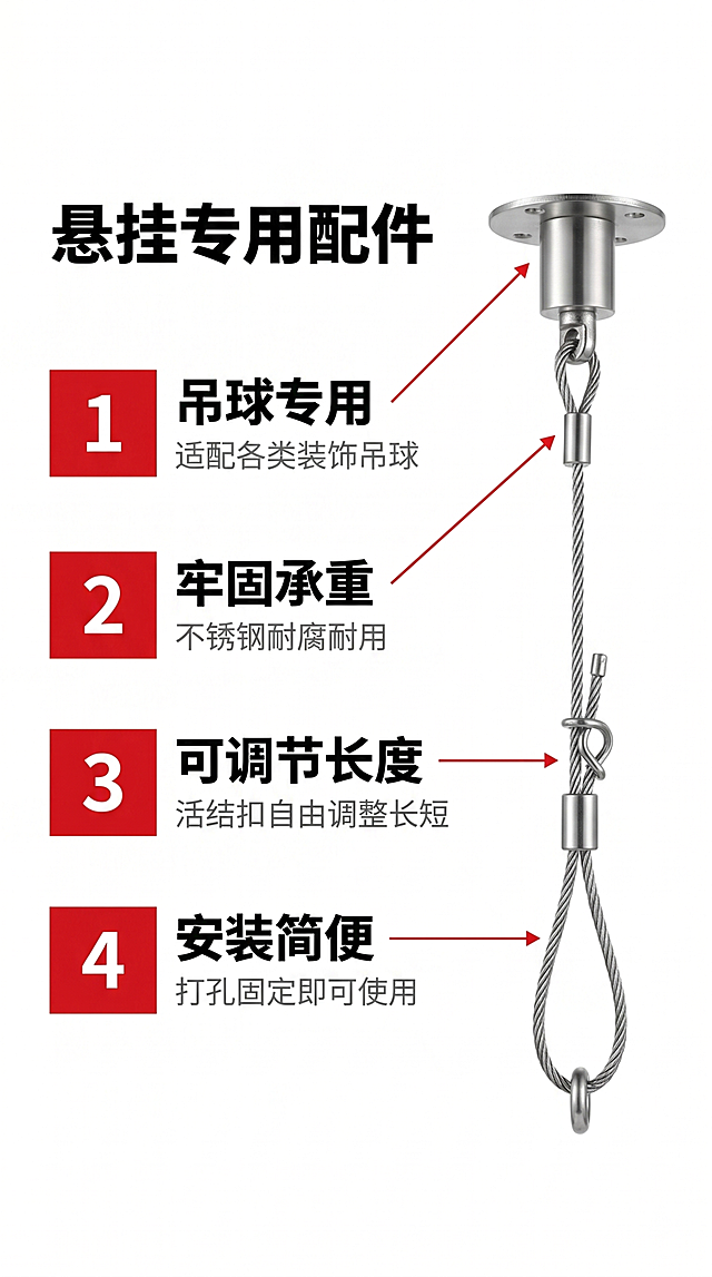 [第2屏] 核心卖点总览-吊球专用悬挂配件四大优势介绍。本屏使用【图2】作为版式参考，提取卖点信息进行设计重构。
[氛围/风格] 清晰信息版式，专业简约，白底黑字红色重点突出。
[元素布局] 左上角放置大标题 "悬挂专用配件"，下方分四个编号卖点区域，每个卖点配红色编号方块、黑色主标题和灰色说明文字，产品部件展示在页面右侧，红色引线标注各部件位置；整体布局清晰，信息层级分明。
[光影质感] 均匀布光，文字清晰锐利，产品部件清晰真实，无明显硬阴影。
[配色色系] 全局底色 #ffffff，红色用于编号和引线，黑色用于主标题，灰色用于说明文字，产品保持原不锈钢银色。
[视角构图] 左文右图正面平视，信息从上到下依次阅读。
[文字版式] 顶部大标题 "悬挂专用配件"，四个卖点依次：1 "吊球专用 适配各类装饰吊球"，2 "牢固承重 不锈钢耐腐耐用"，3 "可调节长度 活结扣自由调整长短"，4 "安装简便 打孔固定即可使用"，主标题加粗，文字大小清晰适合移动端阅读，不遮挡主体。
[比例分辨率] 9:16，4K，文字清晰可辨。
[负向提示词] 文字错乱，文字过小，产品变形，颜色偏差，水印，背景杂乱。