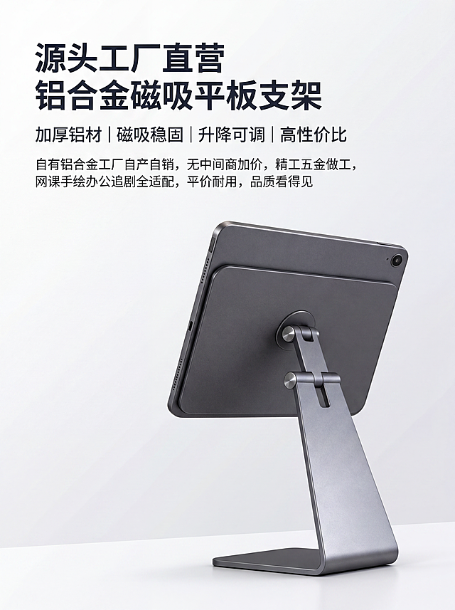 [第1屏] 详情页首页海报-铝合金磁吸平板升降支架源头工厂直营宣传。本屏使用【图1】【图6】【图7】作为产品主体参考，保留产品所有外形、磁吸升降结构、金属喷砂边框、光滑硅胶接触面完全不变，维持产品表面纹理原样，仅柔和均匀提亮画面，优化光影。
[氛围/风格] 简约干净高级感，商务工业极简风，高清商用实拍质感，符合源头工厂直营调性。
[元素布局] 产品主体位于画面右下侧，占比约65%，左上区域预留标题和文案区，背景为极简纯白浅灰渐变，产品光影柔和均匀，结构清晰。
[光影质感] 主光源从左上方打亮产品整体，右侧辅光补充明暗层次，底部自然投影，产品金属喷砂纹理清晰可见，整体明亮通透。
[配色色系] 全局底色 #F5F5F5，主体为深空灰铝合金，文字为深灰色，保持整体干净简约。
[视角构图] 45度斜侧视角，产品为绝对视觉中心，阅读动线左上标题 → 右下产品 → 底部卖点信息。
[文字版式] 版式为左上主副标题 + 右下产品 + 底部详情文案。主标题「源头工厂直营 铝合金磁吸平板支架」，副标题「加厚铝材｜磁吸稳固｜升降可调｜高性价比」，底部详情文案「自有铝合金工厂自产自销，无中间商加价，精工五金做工，网课手绘办公追剧全适配，平价耐用，品质看得见」，文字层级清晰，不遮挡产品主体。
[比例分辨率] 3:4，宽度750px，高度900px，分辨率4K，文字清晰可辨。
[负向提示词] 禁止改动支架造型、扭曲零部件、改变硅胶表面质感、抹平金属喷砂颗粒、拉伸变形产品，避免文字错乱、水印、产品模糊、颜色偏差。