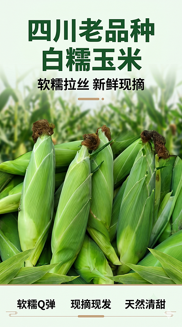 [第1屏] 详情页头图-四川老品种白糯玉米产品宣传海报。本屏使用【图1】作为商品主体。
[氛围/风格] 新鲜生鲜农产品风格，自然绿色田园氛围感，真实商业摄影质感，突出食欲与新鲜感。
[元素布局] 带皮新鲜白糯玉米置于画面中下位置，占比约65%-70%；背景使用虚化的绿色玉米田，前景加入新鲜玉米叶装饰，底部预留信息条区域；保证玉米外形、青皮颜色、结构与输入产品图一致。
[光影质感] 自然光从左前方照射，玉米表皮保留清晰高光，右侧自然投影，整体明亮通透，突出新鲜水润质感。
[配色色系] 全局底色 #F2F9F0；主体绿色玉米+奶白色玉米粒；辅助色深绿色标题、浅棕色装饰。
[视角构图] 正面微俯视，玉米堆为视觉中心，阅读动线从上到下：顶部标题 → 中部产品 → 底部信息条。
[文字版式] 版式为顶部标题+中部产品+底部信息条。使用圆角黑体标题字形，字色仅深绿和黑色两种，纯色填充字效。主标题 "四川老品种 白糯玉米"，副标题 "软糯拉丝 新鲜现摘"，两行粗体居中；底部三个卖点信息："软糯Q弹" "现摘现发" "天然清甜"；文字不遮挡玉米主体，保证手机端清晰可读。
[比例分辨率] 9:16，4K，文字清晰可辨。
[负向提示词] 玉米变形，缺件错件，颜色偏差，水印，文字错乱，产品图模糊，文字过小。