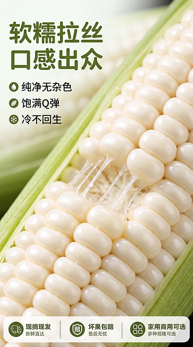 [第2屏] 口感卖点专页-四川白糯玉米软糯拉丝质地展示。本屏使用【图3】作为商品主体。
[氛围/风格] 微距特写质感，突出软糯拉丝的真实口感，干净通透商业摄影，高食欲感。
[元素布局] 剥开的白糯玉米粒特写占画面70%，展示饱满奶白色完整颗粒，纤维拉丝清晰可见；背景虚化浅景深，左侧预留文字区域，底部加入信息栏。保持玉米粒颜色、排列结构与输入图一致。
[光影质感] 柔和顶光，颗粒表面高光清晰，阴影过渡自然，突出饱满Q弹质感。
[配色色系] 全局底色 #F2F9F0；延续首屏配色：主体奶白玉米粒+绿色苞叶；文字深绿色，辅助浅棕色。
[视角构图] 正面微距特写，玉米粒为绝对视觉中心，阅读动线左文字 → 右特写 → 底部信息栏。
[文字版式] 使用圆角黑体标题字形，字色仅深绿和黑色两种，纯色填充字效。左上方大标题「软糯拉丝 口感出众」，下方分点列出卖点：「纯净无杂色」「饱满Q弹」「冷不回生」；每个卖点配小图标，文字清晰不遮挡主体。
[比例分辨率] 9:16，4K，文字清晰可辨。
[负向提示词] 颗粒变形，颜色发黄，纹理模糊，文字错乱，文字过小。