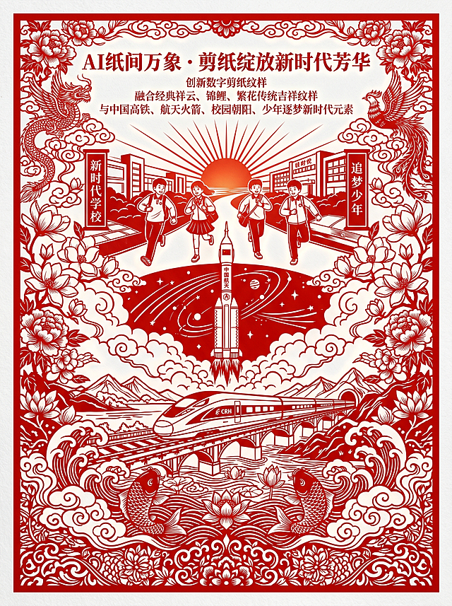 主题：AI纸间万象·剪纸绽放新时代芳华，创新数字剪纸纹样，融合剪纸经典祥云、锦鲤、繁花传统吉祥纹样，与中国高铁、航天火箭、校园朝阳、少年逐梦新时代元素，保留剪纸镂空、对称艺术特征，色彩红白鲜明，构图饱满，兼具传统底蕴与时代风貌