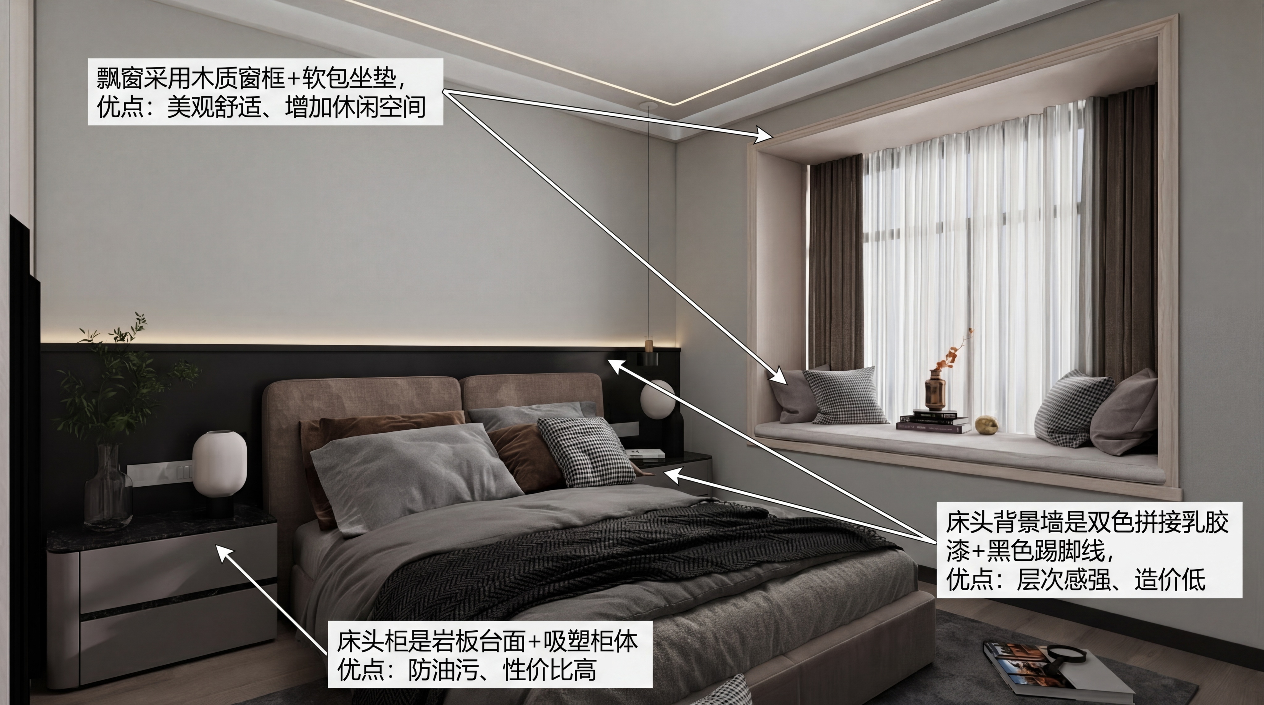 生成单独一页PPT，介绍这张飘窗卧室图片：飘窗采用木质窗框+软… - 图片创意预览