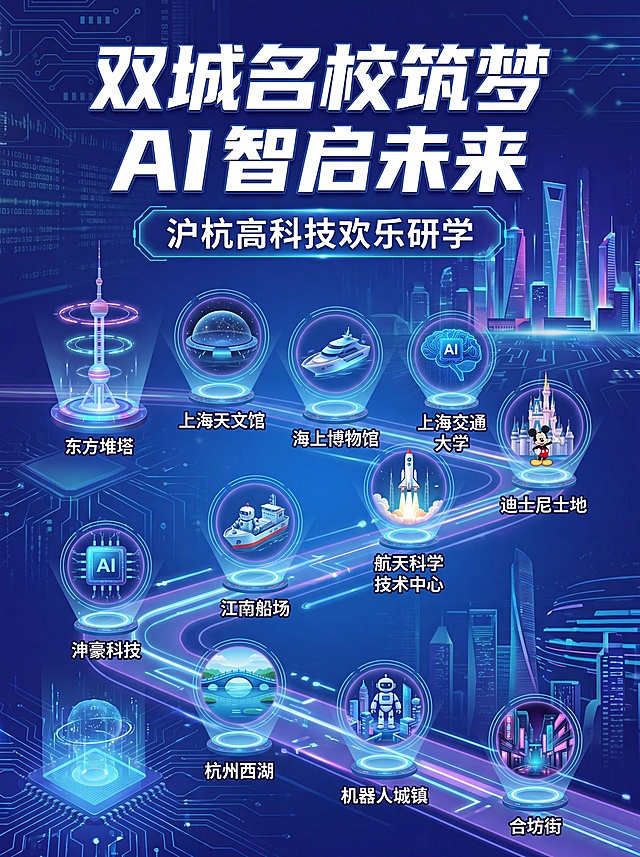 现代科技风研学旅行宣传海报，主题文字双城名校筑梦 AI 智启未来，副标沪杭高科技欢乐研学，标注十一个研学地点：东方明珠塔、上海天文馆、航海博物馆、上海交通大学、迪士尼乐园、航宇科普中心、江南造船厂、申昊科技、杭州西湖、机器人小镇、河坊街，每个地点配标志性小图，整体充满科技感和未来感，排版清晰