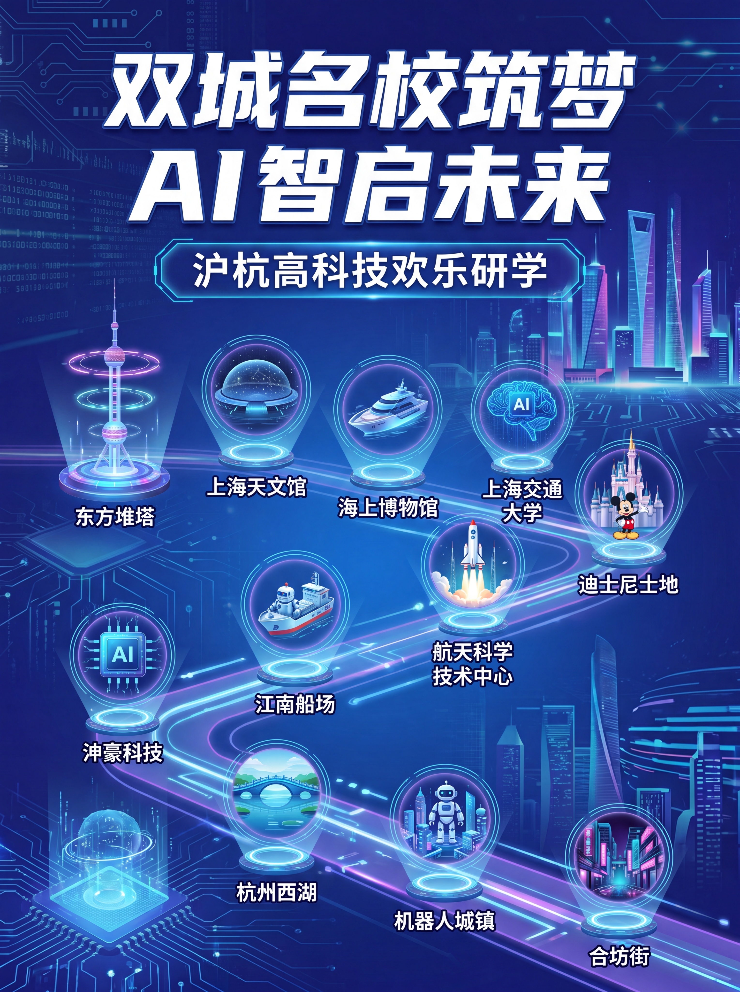 现代科技风研学旅行宣传海报，主题文字双城名校筑梦 AI 智启未… - 图片创意预览
