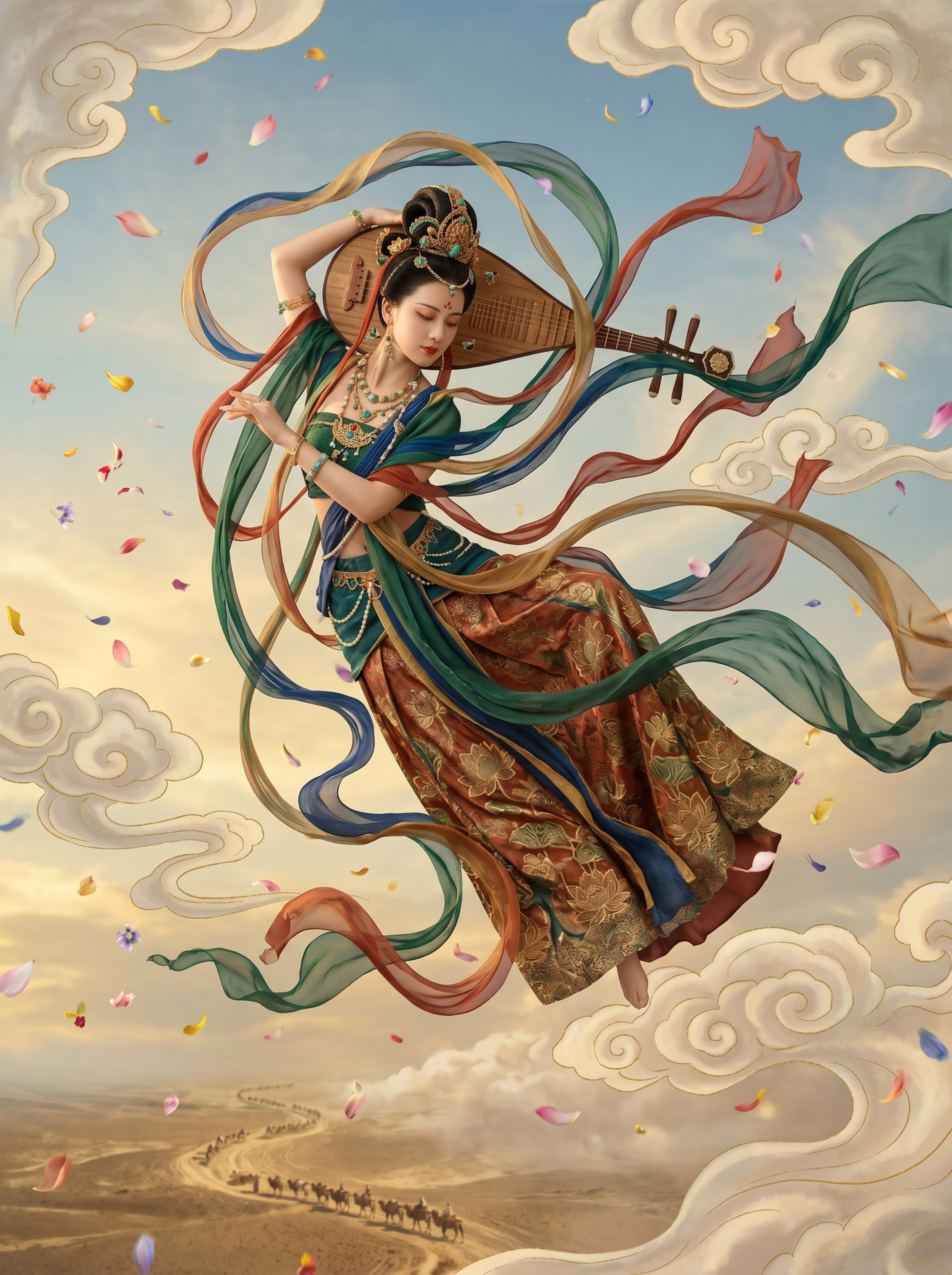 真实效果的敦煌飞天仙女图，仙女身披敦煌风格五彩斑斓且轻盈飘逸的… - 图片创意预览