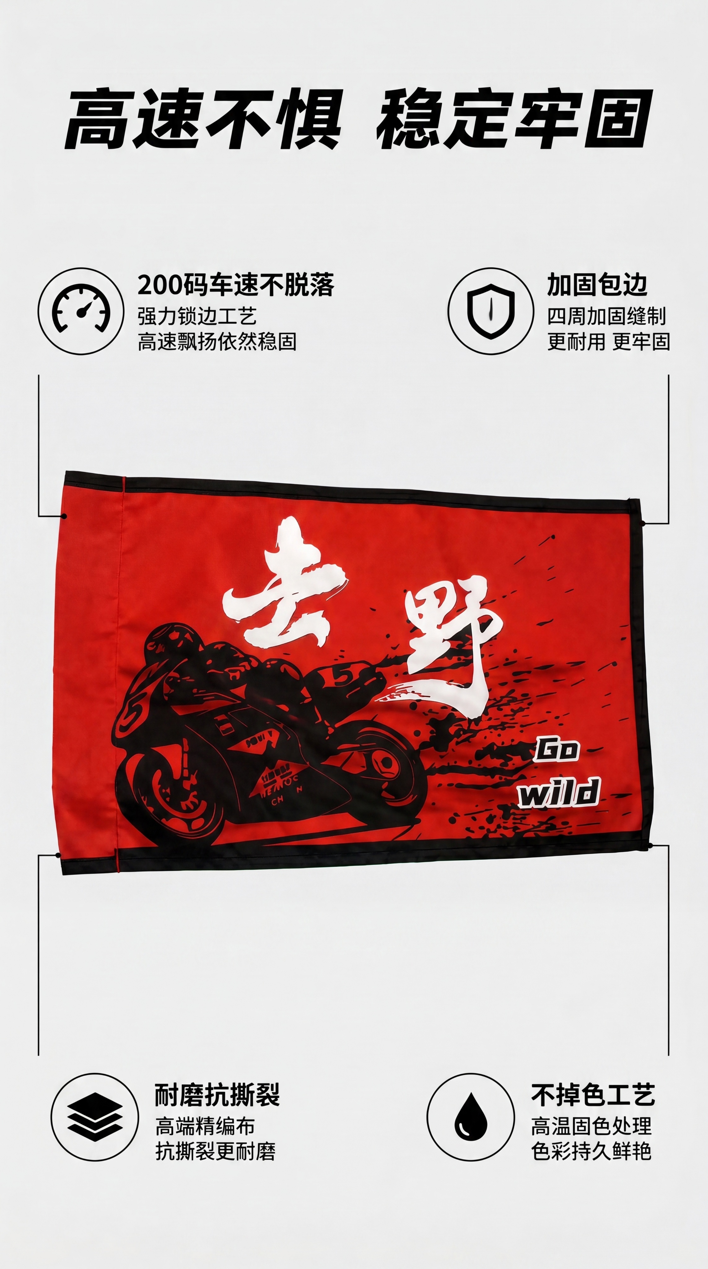 [第2屏] 核心卖点展示屏，突出摩托车旗帜高速不脱落稳定牢固的… - 图片创意预览