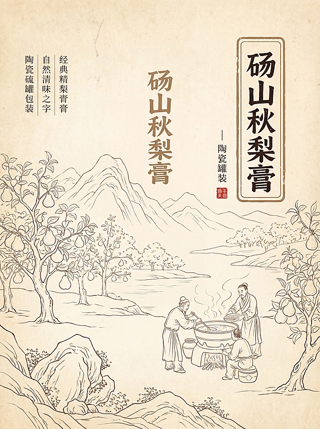 古风线描山水，传统手绘风格，展现古代制梨膏场景，融合自然与人文，传递经典匠心。