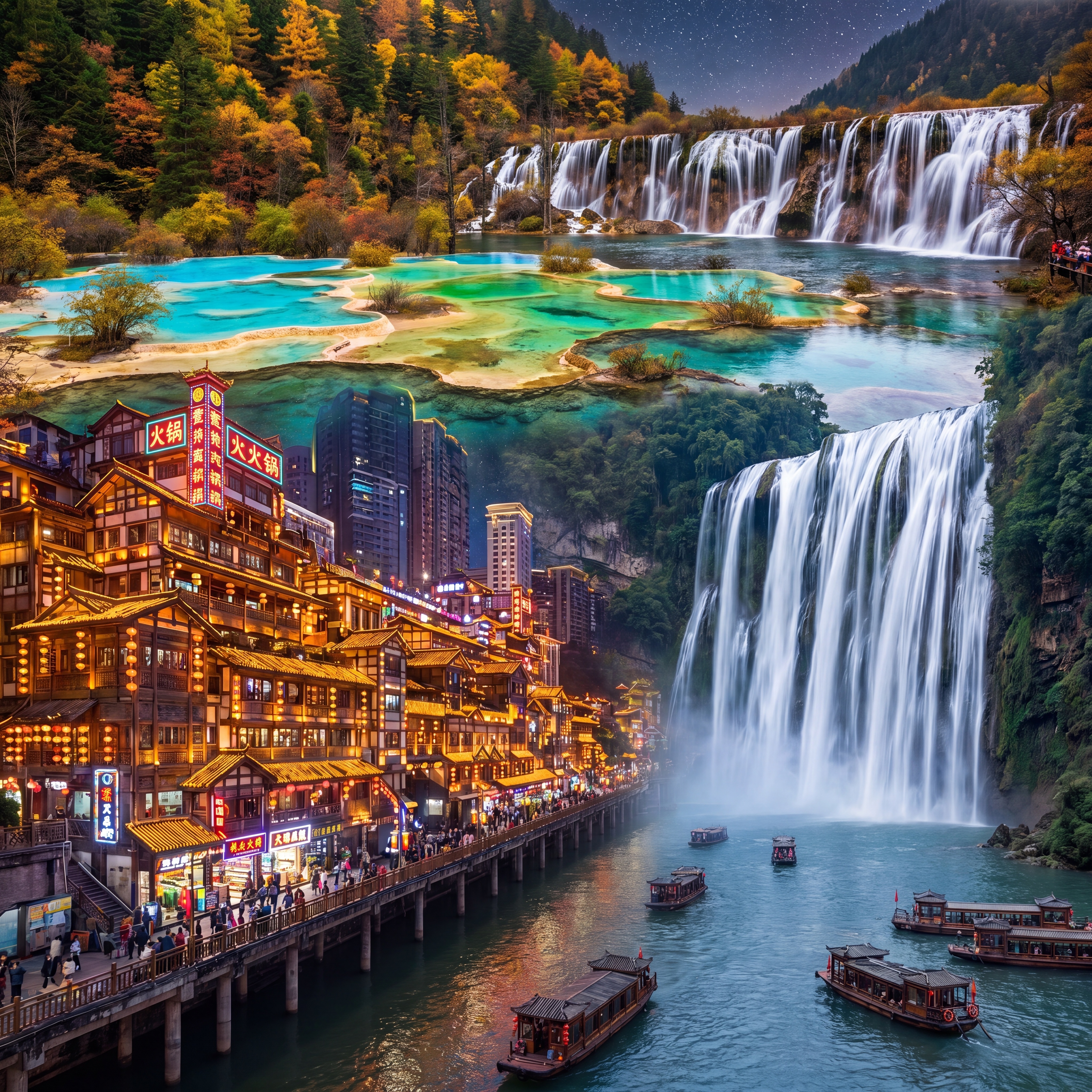 生成一张包含九寨沟自然水景和重庆洪崖洞夜景结合的方图，画面清晰… - 图片创意预览