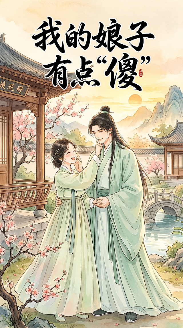 生成漫剧《我的娘子有点“傻”》的9:16竖版封面，将图片1的古装女子和图片2的古装男子放在同一画面中，男女主有互动，背景不是纯白色，古风古雅，漫画封面风格，顶部添加剧名文字“我的娘子有点“傻””