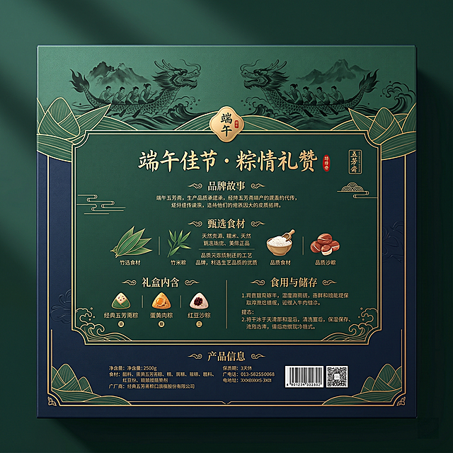 端午节粽子礼盒背面设计，高级质感，带有产品介绍文案区域，融入水墨龙舟、粽叶等端午文化元素，风格典雅高端，和整体礼盒设计统一