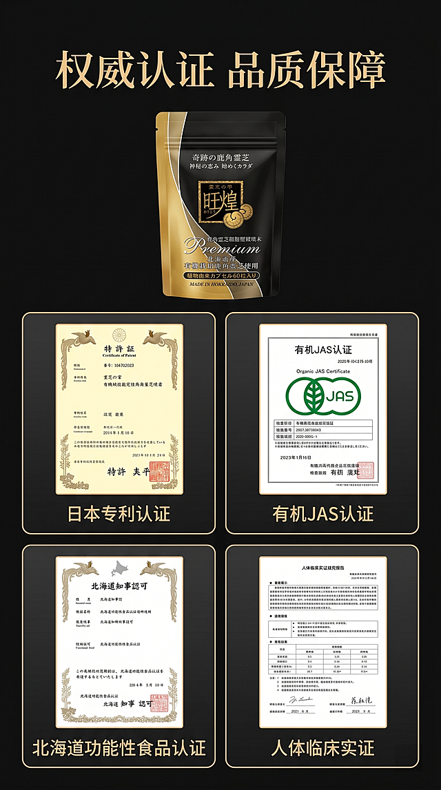 [第8屏] 权威认证墙-集中展示旺煌破壁鹿角灵芝胶囊各项权威认证，建立消费者信任。本屏使用产品包装【图1】，认证参考图【图2】【图3】【图4】。
[氛围/风格] 权威信任背书，正式庄重，延续整体高端黑金风格。
[元素布局] 顶部主标题，中部放置产品包装占比约25%，下半部分分四宫格排列各项权威认证证书缩略图，每个证书下方标注认证名称，排版整齐不重叠；保持产品包装结构颜色与输入图一致，认证还原参考图的关键信息。
[光影质感] 均匀柔光照明，证书和产品都清晰可辨，整体庄重正式。
[配色色系] 全局底色 #111111（深黑）；认证卡片深灰底，文字白色，边框浅金色，延续整体配色，不新增颜色。
[视角构图] 顶标题-产品-认证网格从上到下，四宫格排列整齐，手机端清晰浏览每一项认证。
[文字版式] 主标题「权威认证 品质保障」，四个认证分别展示：「日本专利认证」「有机JAS认证」「北海道功能性食品认证」「人体临床实证」，每个认证卡片包含证书缩略图+名称，清晰展示权威背书。本屏整体使用标题字体为温润书法感+同家族无衬线正文，字色仅使用浅金和白色两种，统一纯色填充字效，风格高端统一。
[比例分辨率] 9:16，4K，文字清晰可辨。
[负向提示词] 证书变形，文字模糊，产品变形，认证信息错乱，颜色偏差。
