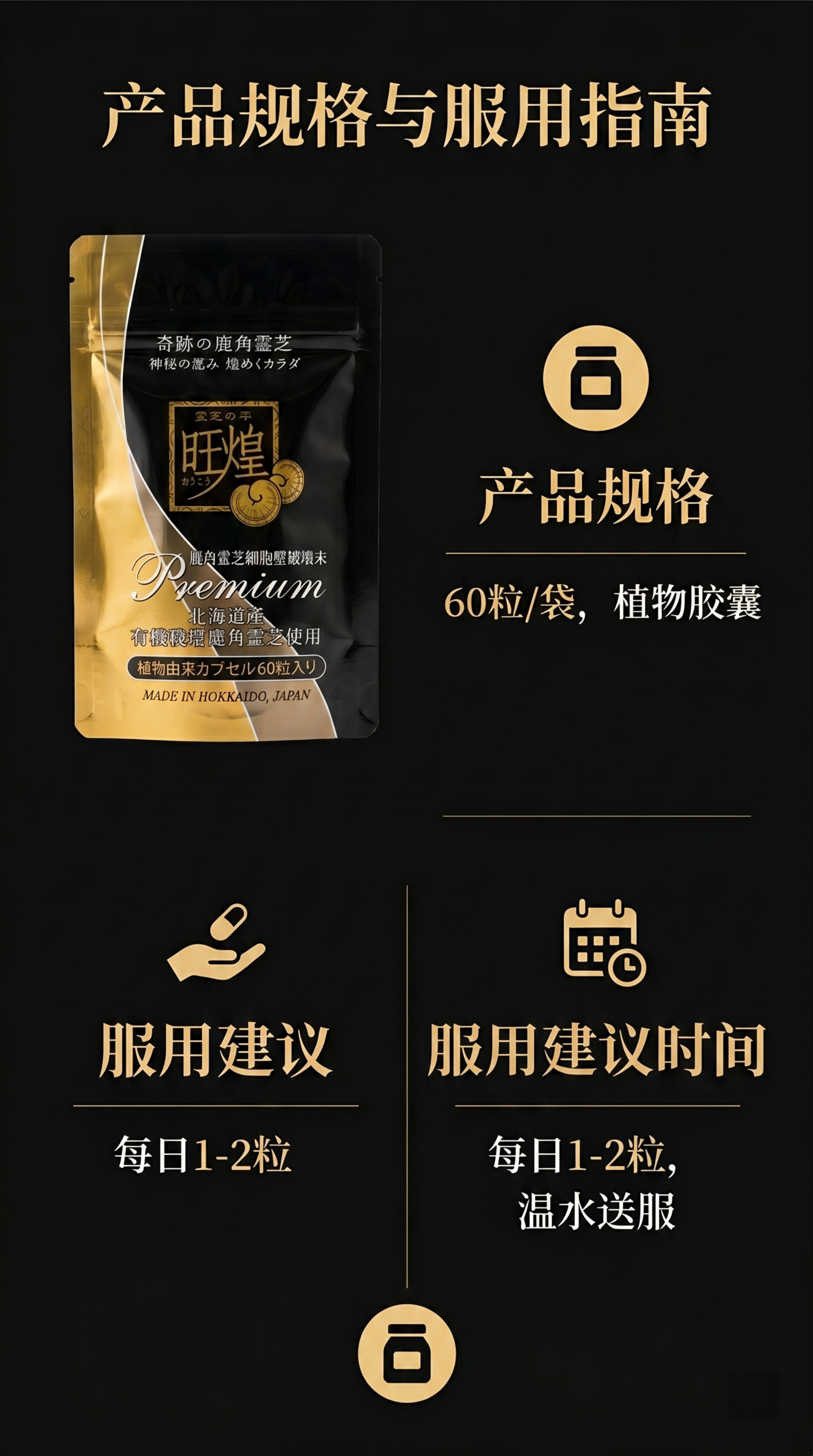 [第2屏] 产品规格+服用指南-清晰展示旺煌破壁鹿角灵芝胶囊产… - 图片创意预览
