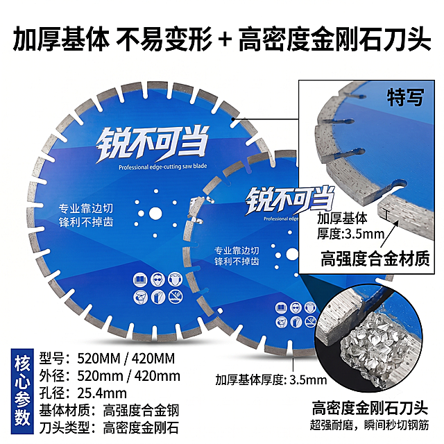 [主图2]核心卖点：加厚基体不易变形+高密度金刚石刀头
[氛围风格]硬核专业五金风
[画质]商业摄影质感、光线通透、产品清晰真实、画面干净高级，高清4K成像
[元素]保持产品外观物理结构材质颜色与输入产品一致，杜绝变形色差。主画面展示锯片整体，右侧区域对加厚基体与金刚石刀头做局部放大特写，用引线标注。画面左侧竖排核心参数，清晰展示产品规格。纯白干净背景，突出材质细节与质感，信息层级清晰。
[光影]主光从左侧打亮锯片，刀头特写区域补光清晰呈现金刚石颗粒纹理，金属质感通透
[配色]产品蓝色为主，背景纯白，刀头金属灰对比
[视角构图]左侧产品主体，右侧局部特写，二分构图，布局平衡
[文字版式]大标题“加厚基体 不易变形”放顶部，左侧竖排标注“高强度合金材质”，特写框旁标注“高密度金刚石刀头”，文字清晰，层级分明
[比例分辨率]1:1比例 4k分辨率
[负向提示词]变形，水印0，文字错乱0，产品模糊，背景杂乱