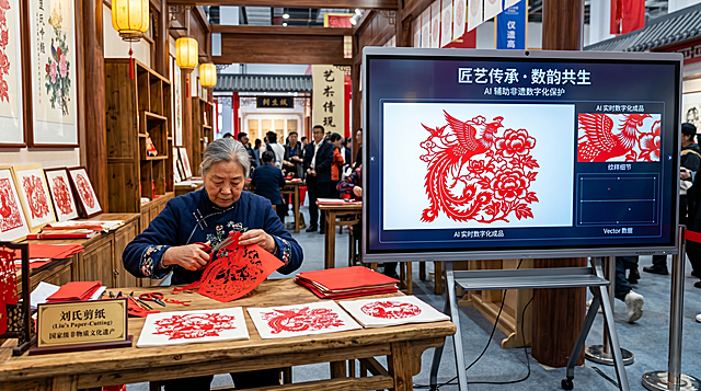 主题为匠艺传承·数韵共生，古今同框构图，左侧是非遗剪纸传承人手持红纸和剪刀正在现场创作剪纸，展示传统匠心技艺；右侧是电子屏幕，屏幕上实时同步着AI生成的高清数字化剪纸成品和纹样细节，传统手工技艺与现代智能技术相互呼应，整体风格大气富有文化感，诠释非遗技艺活态传承的数字化创新模式，高清写实摄影
