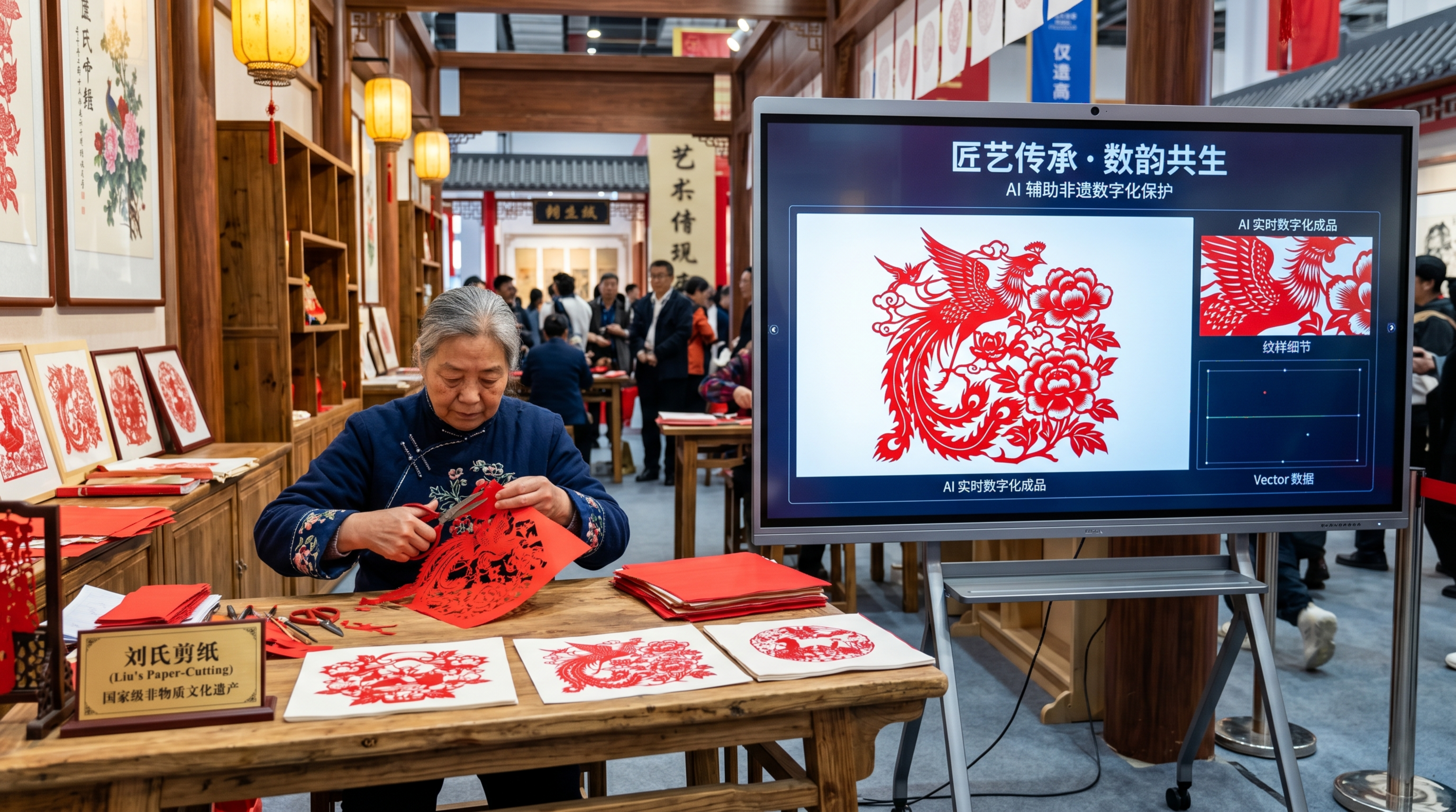 主题为匠艺传承·数韵共生，古今同框构图，左侧是非遗剪纸传承人手… - 图片创意预览