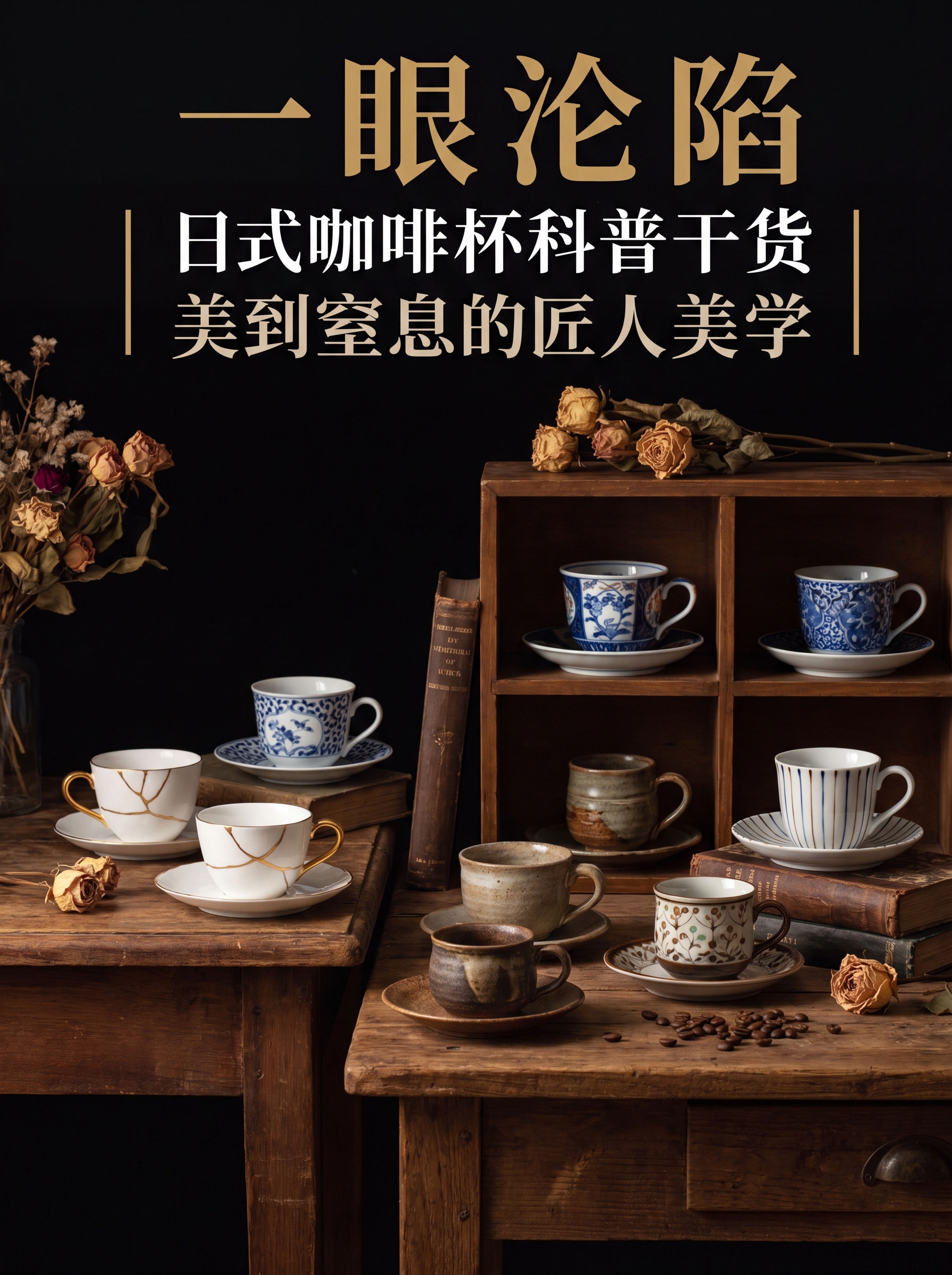 小红书图文封面，主题是日式咖啡杯科普，展示多款精致日式骨瓷咖啡… - 图片创意预览