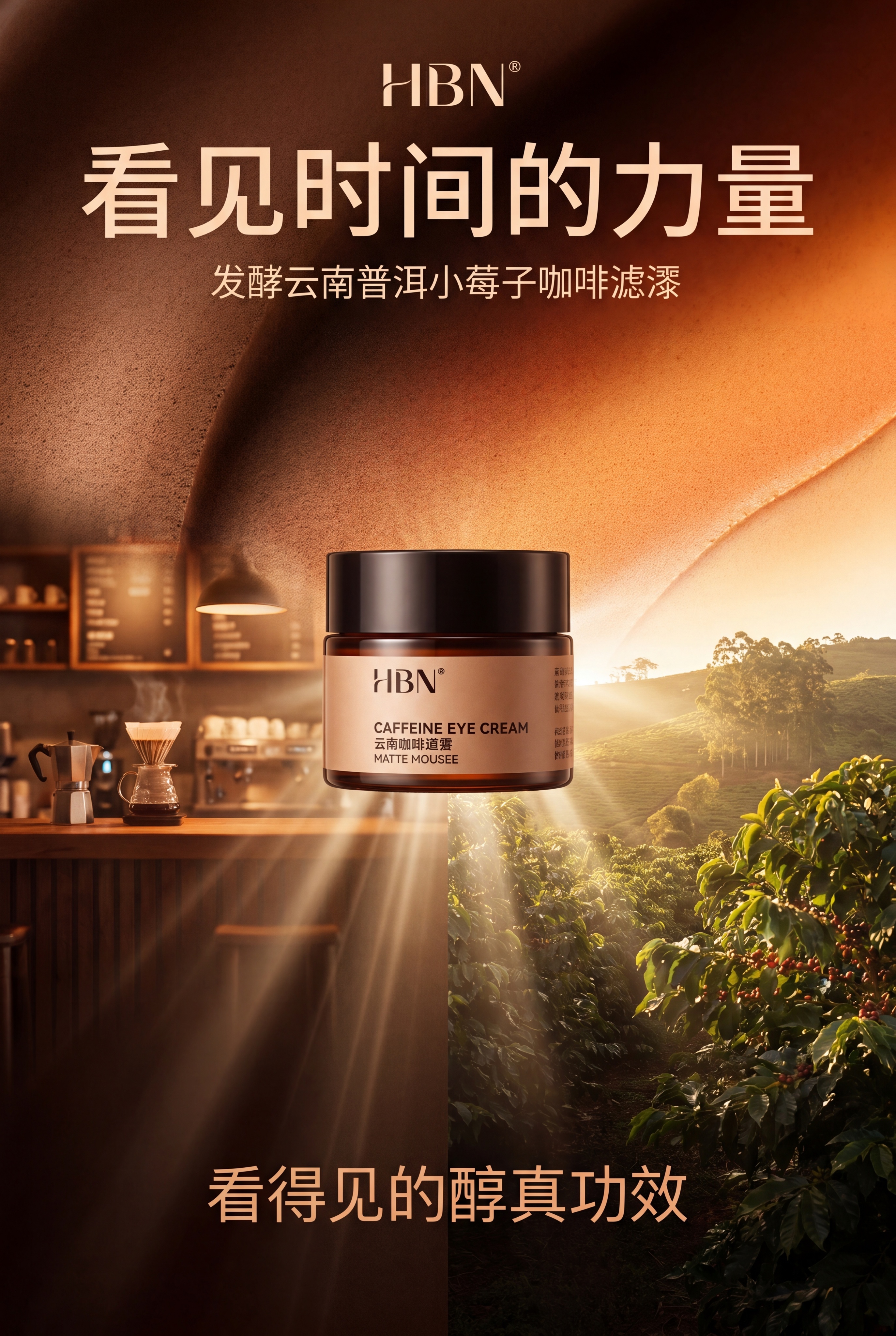 竖版A3大广赛HBN咖啡因眼霜海报，主题「看见时间的力量」，核… - 图片创意预览