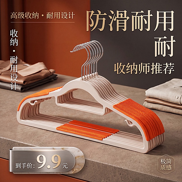 将中间衣架的灰色部分调亮为更白的浅灰/米白色，橙色部分增强饱和度使其更鲜亮醒目，保持整体高级感与产品主体突出