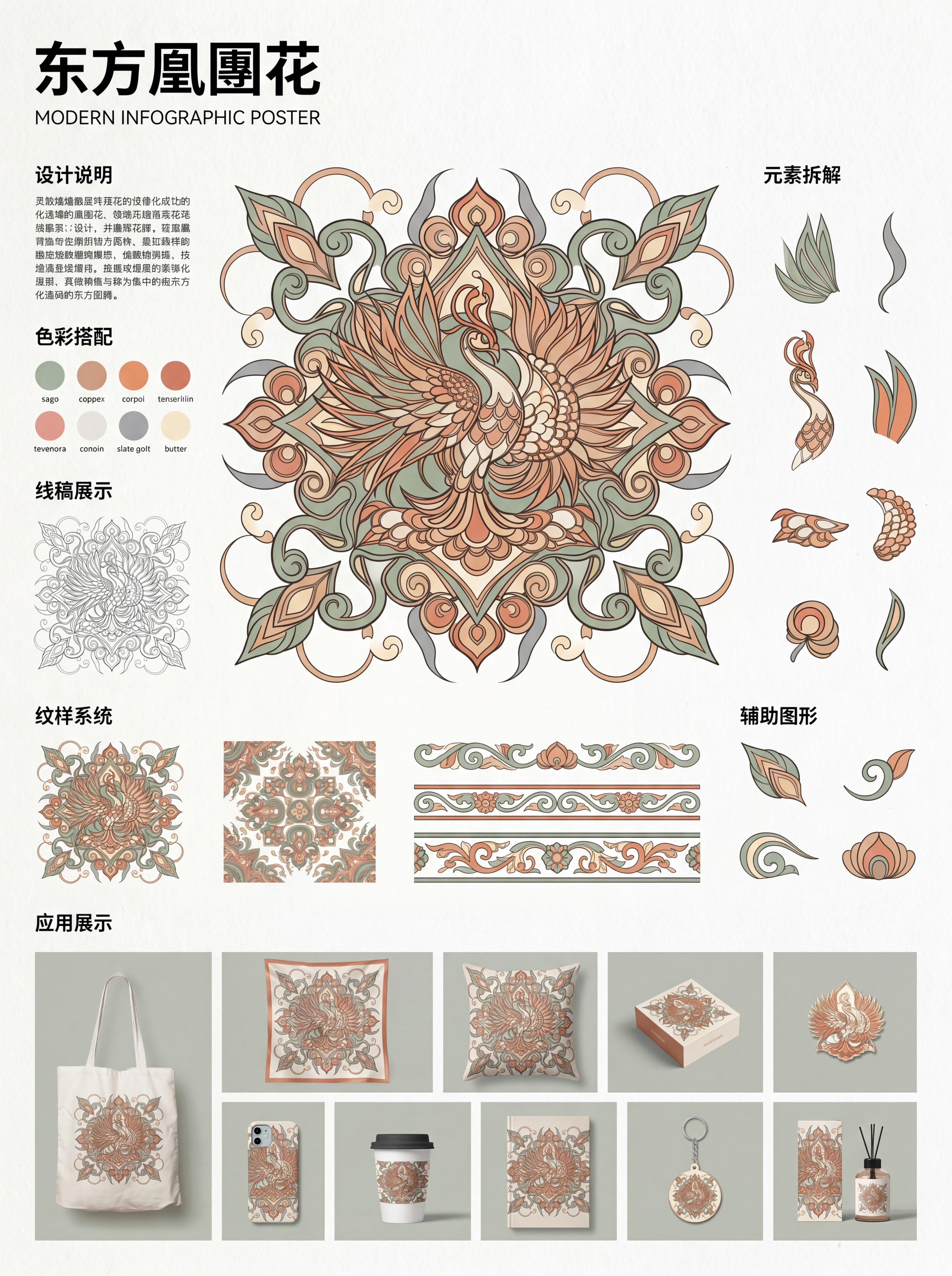 基于原图凤凰团花线稿生成中式吉祥凤凰团花纹样设计展板，主题是非… - 图片创意预览