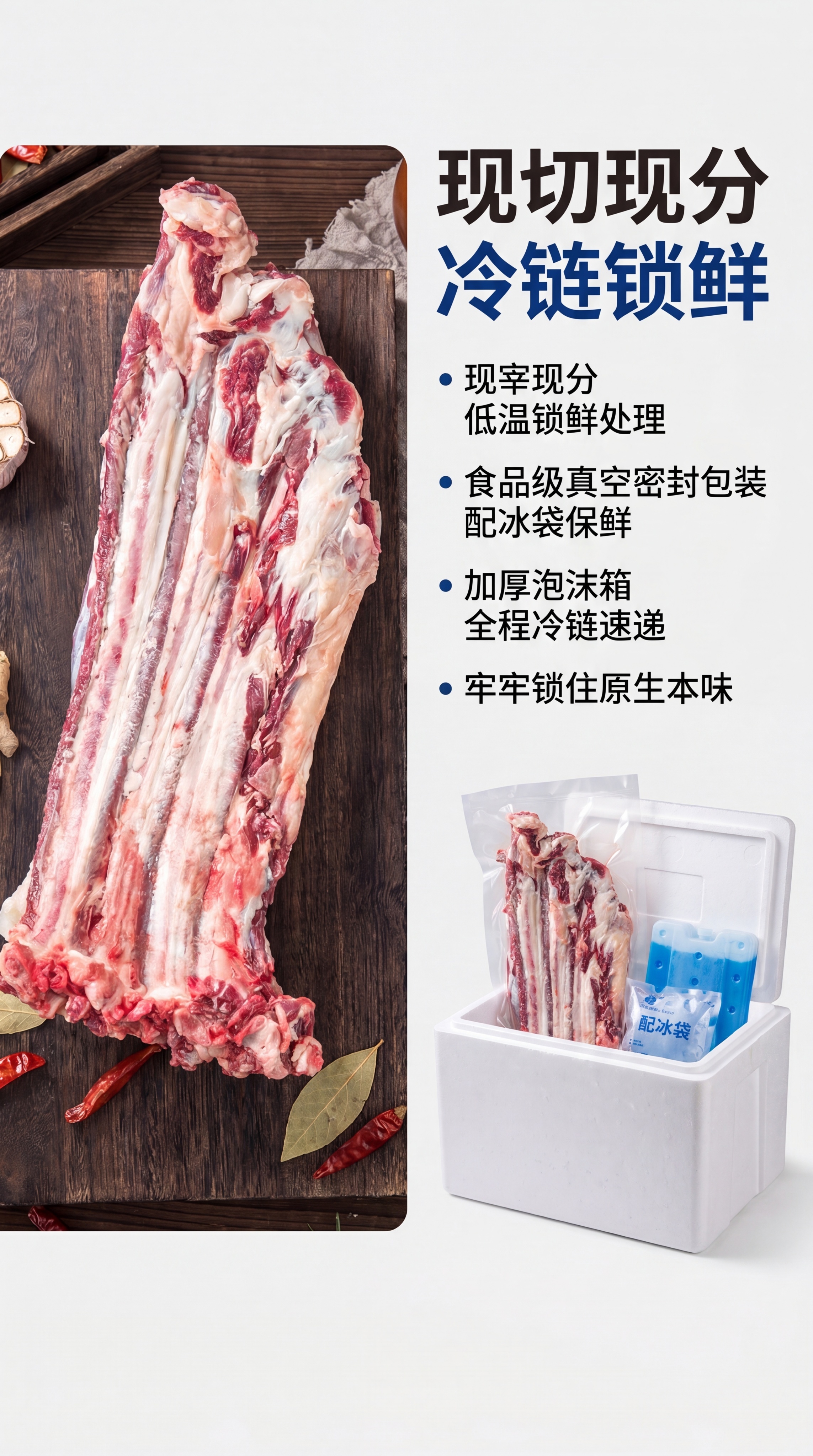 [第8屏] 产品规格与发货包装说明，介绍平武牦牛排骨包装配送优… - 图片创意预览