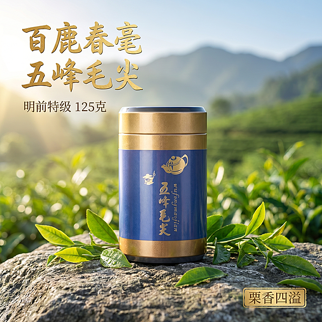 [主图-1] 百鹿春毫五峰毛尖产品首图，明前特级毛尖场景展示
氛围风格为自然清新国风，原生态茶园氛围，商业摄影质感，光线柔和通透，产品清晰真实，画面干净高级。百鹿春毫五峰毛尖蓝金罐装居中摆放，放置在青灰色天然岩石上，背景是虚化的嫩绿茶园远山，前景散落三五片新鲜茶叶衬托。保持产品外观物理结构材质质感颜色与输入产品图绝对一致，杜绝任何变形和色差，精细化处理。商品主体占比严格控制在65%左右，画面满屏无边框。自然春日上午斜射柔光，从左侧而来，勾勒罐体轮廓，背景虚化有自然散景光斑，整体通透自然，明暗层次舒适。主色调为自然绿色和罐体的蓝金配色，清新高级，对比和谐。平视45度斜拍，主体清晰，背景景深适中，突出产品。左上负空间左对齐留安全边距，大字主文案"百鹿春毫 五峰毛尖"，金色粗体书法字体，最大字号；下方辅助小字"明前特级 125克"，浅白色细体；右下角浅金印章"栗香四溢"，整体排版舒朗不遮挡主体。1:1比例，4k分辨率，文字清晰锐利，画面超高清。负向提示词：变形，水印，文字错乱，产品图模糊，背景杂乱