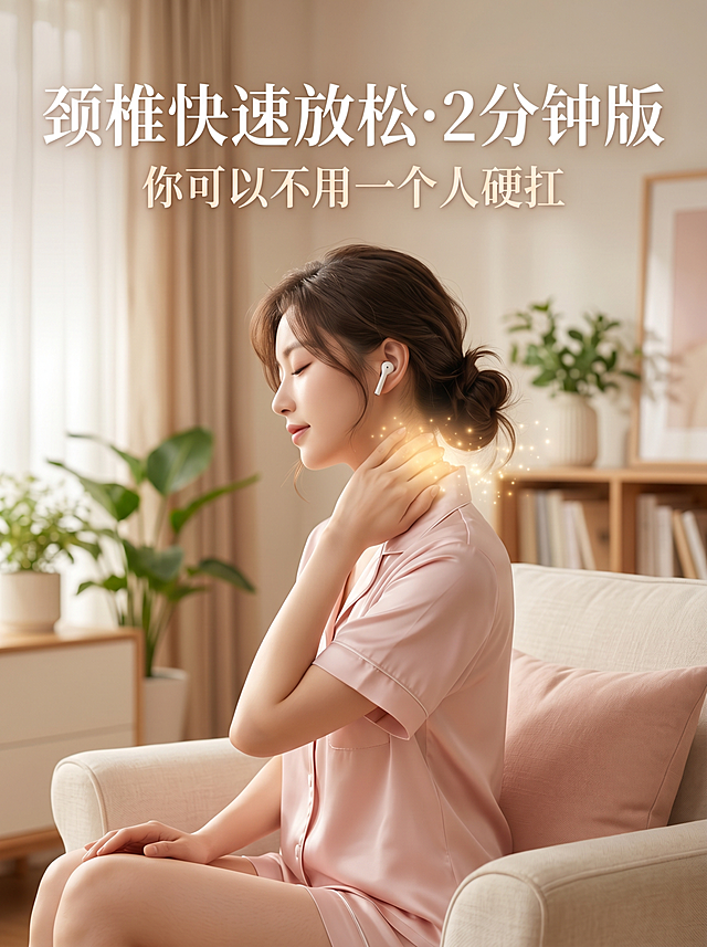 一张3:4比例关于颈椎的安抚疗愈小红书封面，封面整体感觉是夏季清凉温馨家居风格，AI真人女生身穿淡粉色真丝半袖家居套装，侧着身子，戴白色蓝牙耳机，不看向镜头，右手轻轻的放在颈椎上方的位置，有一团暖金色的光在颈椎处，主标题是，颈椎快速放松·2分钟版，副标题是，你可以不用一个人硬扛。画面不能有多出来的手指，不能有多出来的手，不能有多出来的任何身体部位，不能出现身体畸形，不能出现两张脸，排除草图感，排除extra fingers, fused fingers, too many fingers, missing fingers, extra arms, extra legs, extra limbs, mutated hands, bad anatomy, disfigured, malformed limbs, distorted body, ugly face, asymmetric eyes, blurry, low quality, watermark, text, signature, jpeg artifacts