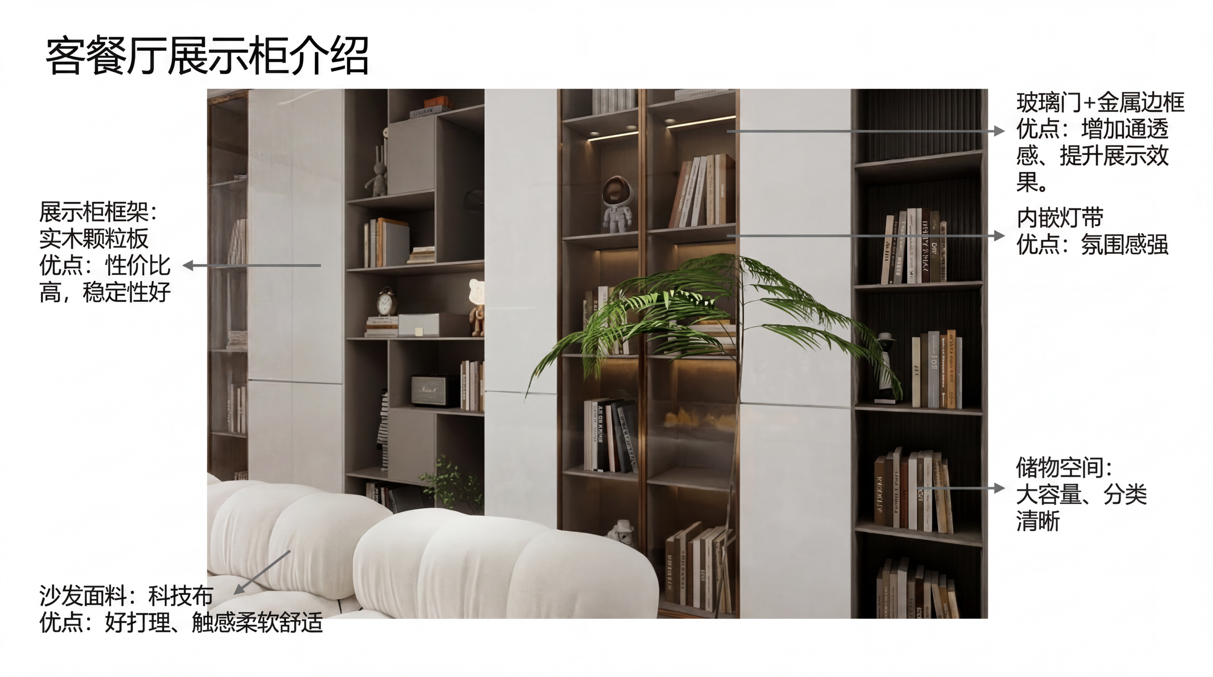 生成单独一页PPT，介绍这张客餐厅展示柜图片：展示柜框架采用实… - 图片创意预览