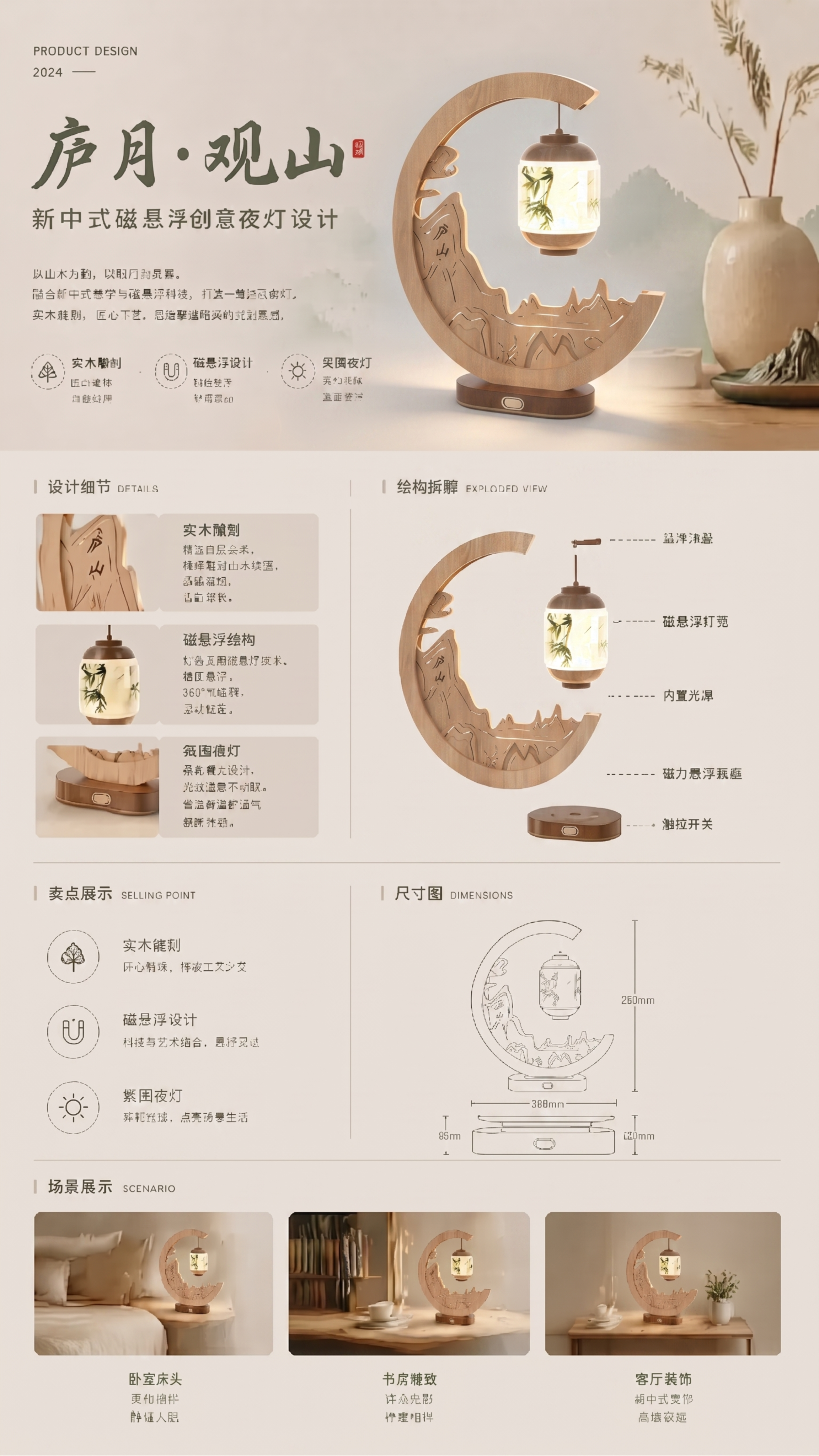 将这张处理清晰的庐月观山夜灯图片，替换到已经做好的产品详情展板… - 图片创意预览