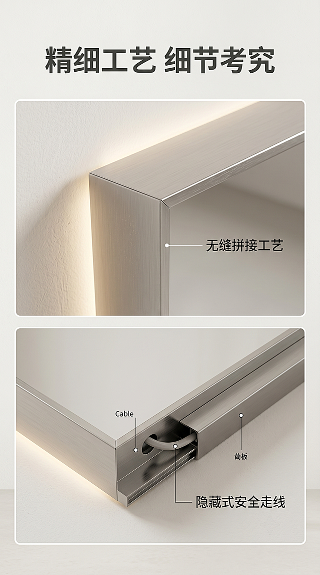 [第6屏] 细节工艺-边框拼接与走线工艺细节展示。本屏使用【图1】展示边框拼接处细节特写。
[氛围/风格] 专业工艺细节展示，清晰锐利，突出做工品质。
[元素布局] 上主标题，中部为边框45度拼接处特写，下方为走线槽细节特写，两图上下排列，各占一半区域，特写清晰展示拼接缝隙和打磨处理，产品细节与输入图一致。
[光影质感] 侧光突出金属表面质感，拼接处光影过渡自然，细节纹理清晰。
[配色色系] 浅灰色背景，铝合金金属本色，黑色文字标注。
[视角构图] 上下双特写构图，特写放大细节，信息直观清晰。
[文字版式] 顶部主标题「精细工艺 细节考究」，两个特写旁分别标注「无缝拼接工艺」「隐藏式安全走线」，文字清晰不遮挡细节。
[比例分辨率] 9:16，4K，文字清晰可辨。
[负向提示词] 拼接错误，结构变形，文字错乱，文字过小，水印，模糊