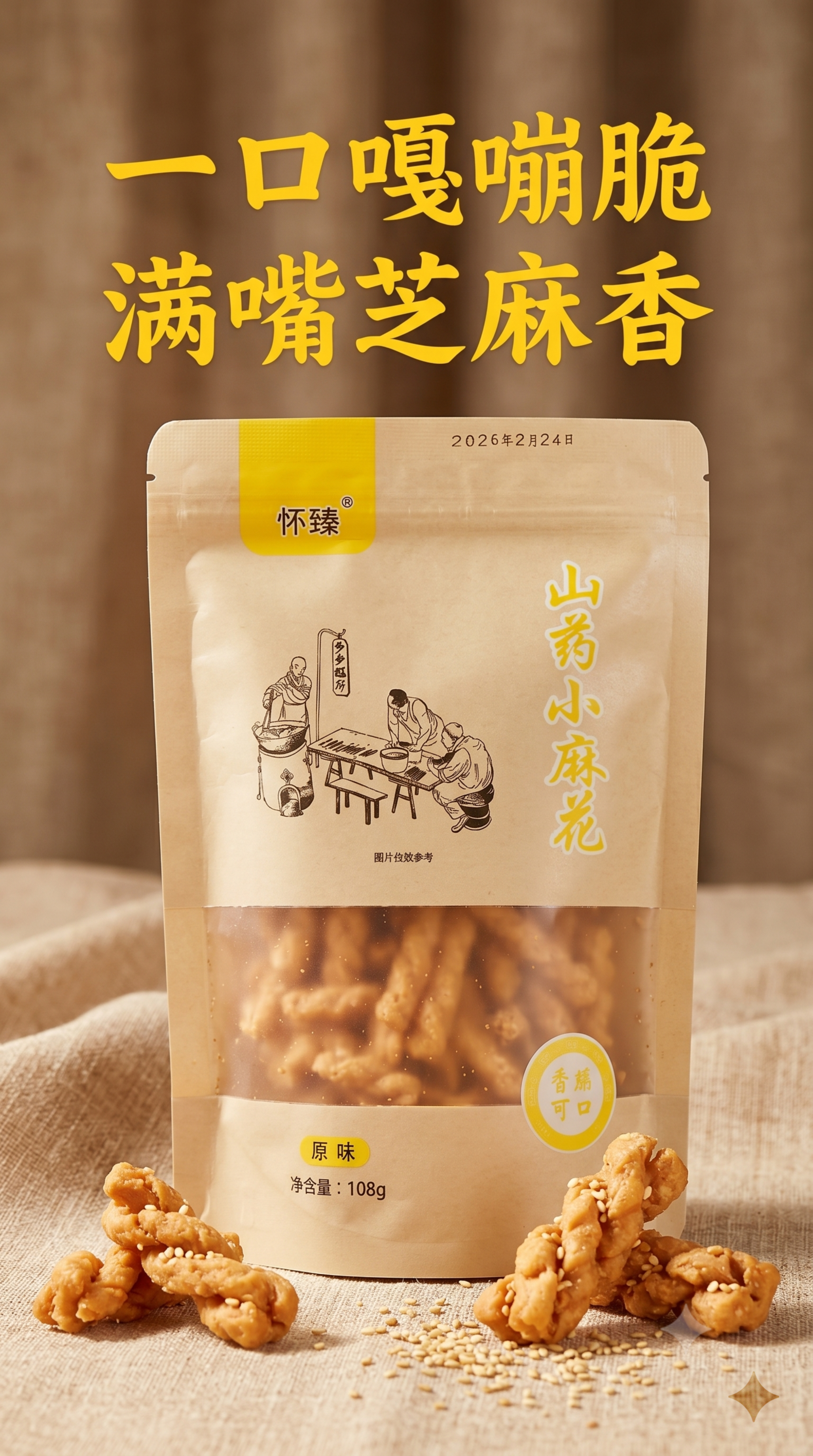 [第1屏] 怀臻山药小麻花详情页头图海报，本屏使用【图1】原味… - 图片创意预览