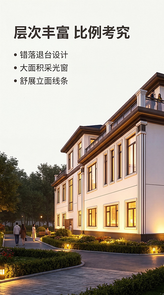 [第4屏] 侧面展示，呈现别墅侧面造型结构。本屏使用【图2】作为侧面展示主体，保留原有建筑结构和外观。
[氛围/风格] 写实建筑表现，清晰展示侧面开窗设计和建筑层次。
[元素布局] 别墅侧面完整展示，保留原有庭院道路和绿化层次，前景绿篱，中景建筑，背景树林，主体占比约65%。
[光影质感] 黄昏柔和光线，建筑墙面光影自然，室内灯光透出，突出立体感。
[配色色系] 全局底色 #F5F5F0，延续整体配色方案，米白+深棕+绿植绿。
[视角构图] 侧面平视角度，完整展示侧面轮廓和开窗布局，左文右图排版。
[文字版式] 左侧标题文案，主标题「层次丰富 比例考究」，右侧三个卖点标签：「错落退台设计」「大面积采光窗」「舒展立面线条」，文字不遮挡主体建筑。
[比例分辨率] 16:9比例，4K分辨率，文字清晰可辨。
[负向提示词] 建筑变形，结构错误，颜色偏差，文字错乱，文字过小