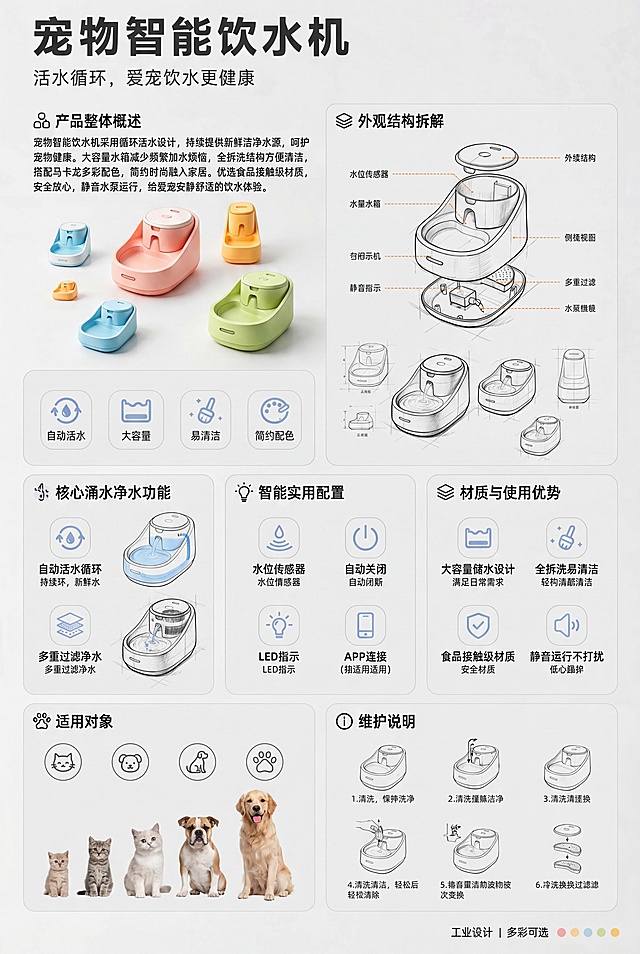 生成一款涌水式智能宠物饮水机的产品说明展板，整体风格精致简约，图文搭配。包含所有提供的详细产品介绍文字，分为产品整体概述、外观结构拆解、核心涌水净水功能、智能实用配置、材质与使用优势、适用对象、维护说明几个板块，搭配产品多角度实物展示图和结构分解人机交互示意图，整体排版清晰，信息量充足，适配工业产品设计展示，色调清新现代