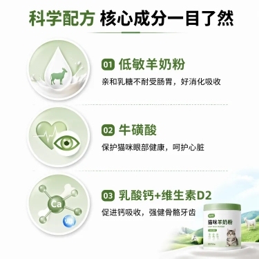 「图片1」参考图片风格，上传您的商品图，生成1套详情页「图片1」品名：宠物营养补充剂 羊奶粉
规格：5g/袋，15袋/盒
用法用量：
每5g奶粉+30毫升温水(约40度)冲泡
月龄1月以内：10-20预览效果