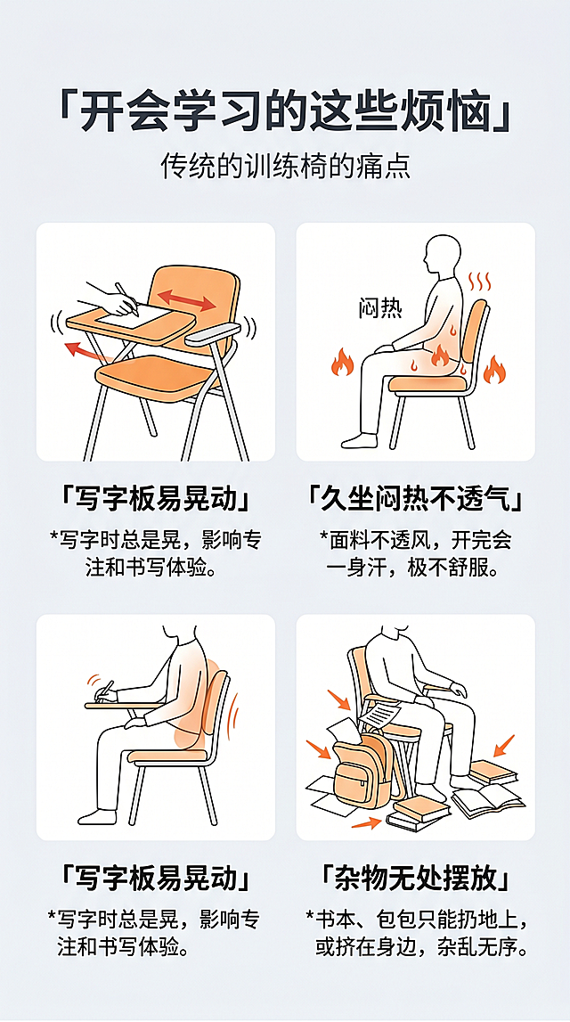 [第2屏] 详情页痛点直击屏，展示传统培训椅的使用困扰。
[氛围/风格] 简洁图文痛点排版，浅灰色商务背景，清晰表达问题。
[元素布局] 顶部大标题居中，下方分三栏展示三大痛点：1左侧：写字板不稳晃动示意图，2中间：久坐闷热不透气示意图，3右侧：没有放置书本包包的空间，每栏配图片和简短文字说明，无产品主体展示。
[光影质感] 均匀柔和顶光，文字清晰，图表干净整洁。
[配色色系] 全局底色 #F5F7FA；主标题深灰，痛点文字黑色，用浅橙色标注问题区域。
[视角构图] 从上到下排版，阅读流畅自然。
[文字版式] 顶部大标题「开会学习的这些烦恼」，分三栏每栏标题：「写字板易晃动」、「久坐闷热不透气」、「杂物无处摆放」，文字清晰醒目，排版整齐不拥挤。
[比例分辨率] 9:16 竖版比例，4K分辨率，文字清晰可辨。
[负向提示词] 变形，文字错乱，文字过小，水印，背景杂乱