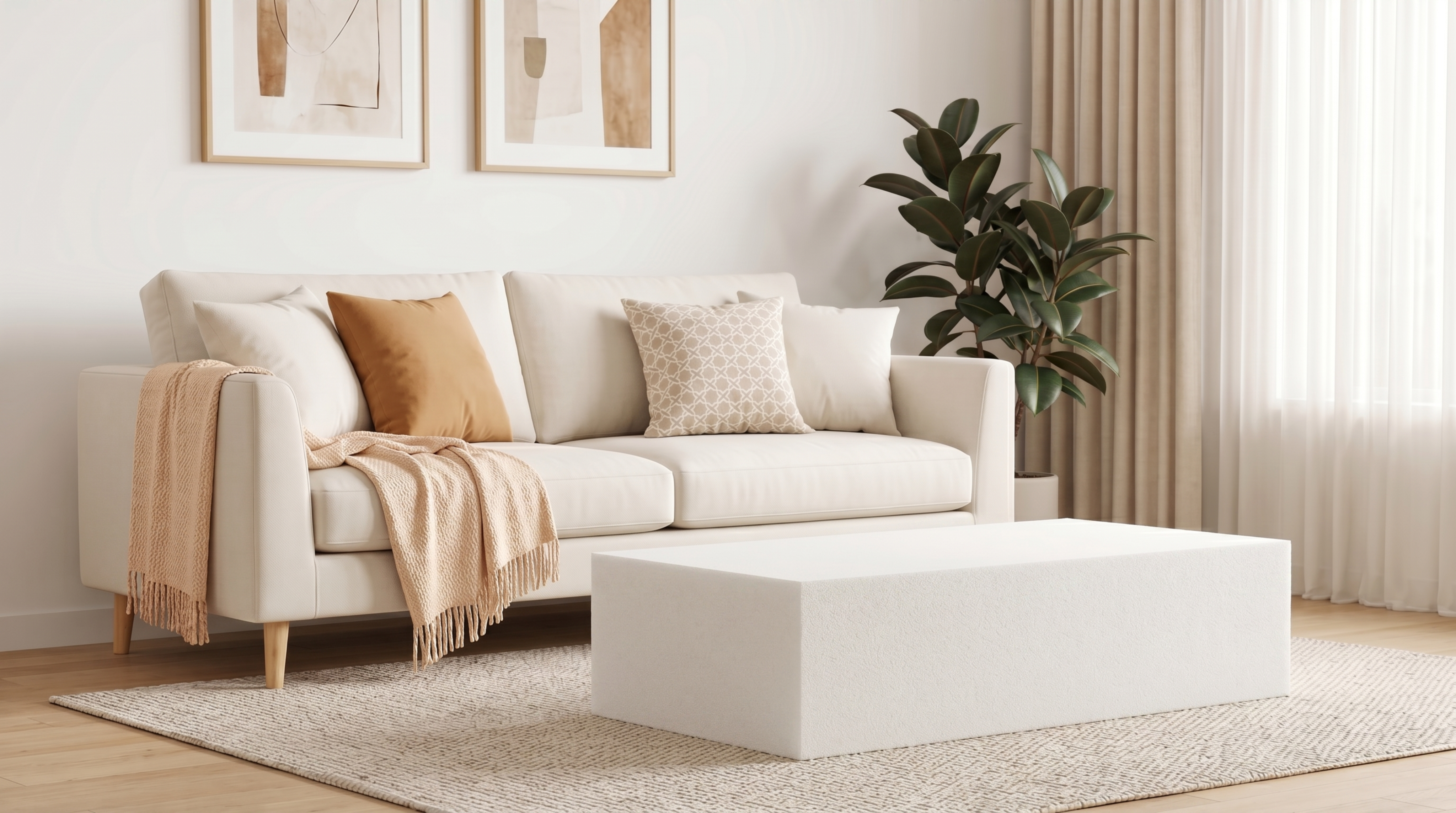 严格保持原图所有场景元素不变（米奶油色双人沙发、抱枕、针织盖毯… - 图片创意预览