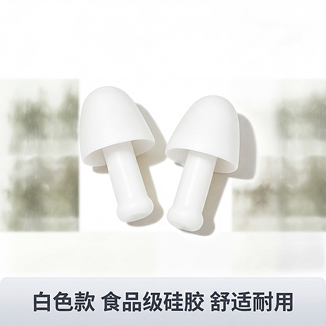 [主图-2] 白色硅胶防护耳塞套单款展示。简约干净电商商品展示风格，商业摄影质感、光线柔和通透、产品清晰真实、画面干净高级。一对白色硅胶防护耳塞居中放置，保持产品外观（物理结构、材质质感、颜色）与输入产品图绝对一致，杜绝任何变形和色差，精细化处理。纯白色简约背景，商品主体占比严格控制在70%左右，画面满屏无边框。正面柔和均匀打光，产品表面呈现自然哑光质感，下方投下浅淡柔和阴影，明暗过渡自然，清晰突出产品轮廓和材质肌理。纯白色背景为主，奶白色产品自然呈现，简洁干净。正上方俯视平视，产品居中对称构图，景深适中，产品完整不裁切。画面底部浅灰色通栏半透明渐变蒙层，居中放置深灰色文字“白色款 食品级硅胶 舒适耐用”，文字大小适中清晰可读，不遮挡产品主体。1:1 比例，4k 分辨率；文字清晰锐利，画面超高清。负向提示词：变形，水印，文字错乱，产品图模糊，背景杂乱。